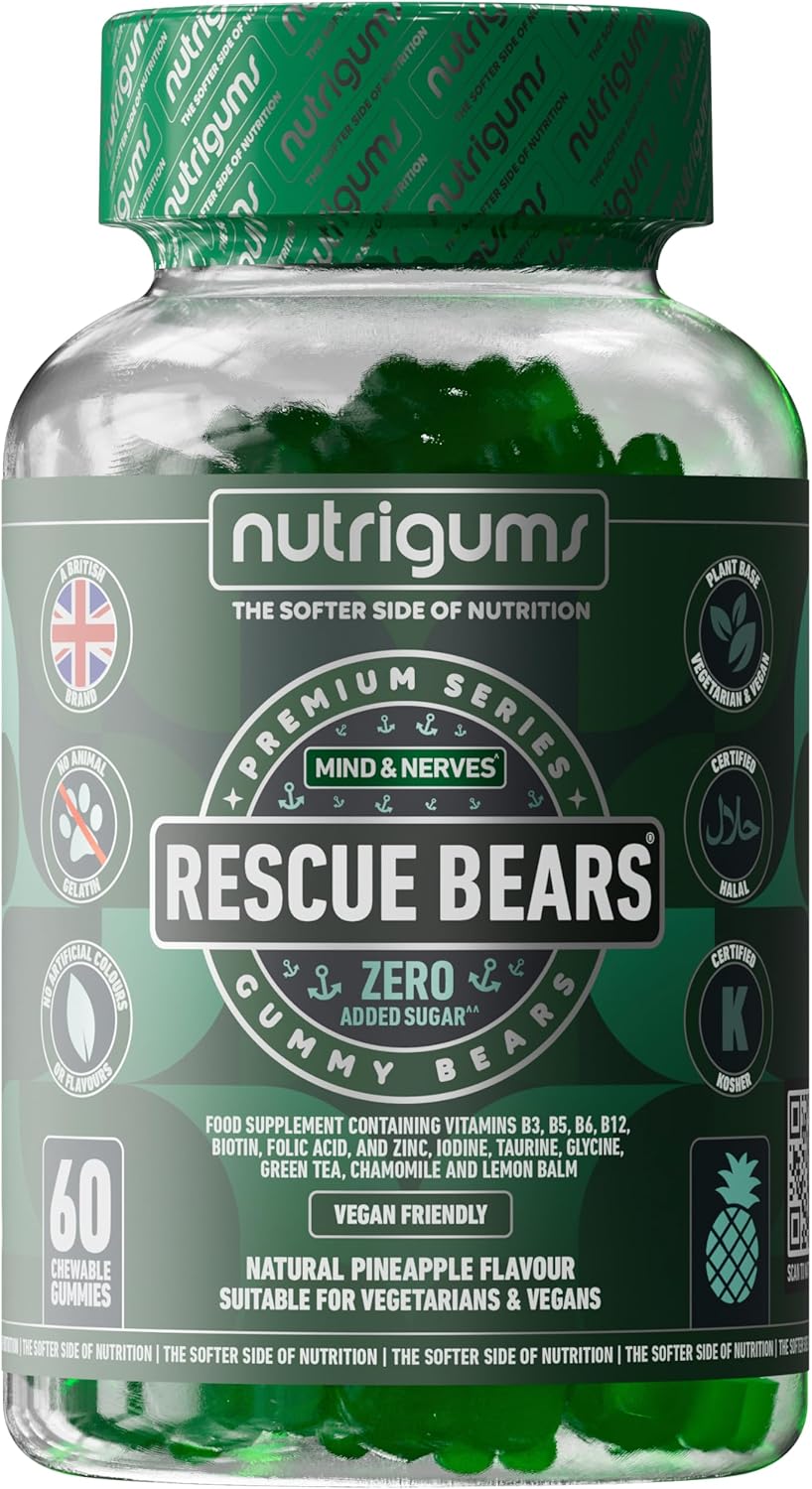 Rescue Bears Daytime Stress & Anxiety Relief Gummy | Green Tea, Taurine, Glycine, Chamomile and Lemon Balm with Vitamins & Prebiotics | Pineapple Flavour | 60 Vegan Gummies | Mind & Mood Support