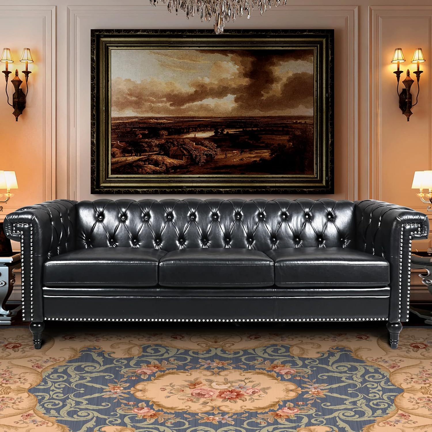 Chesterfield Sofa Black Faux Leather Couches for Living Room, Deep Seat Comfy 3-Seater Oversized Couch Button Nailhead Tufted Classic Couches for Bedroom, Office Easy to Assemble