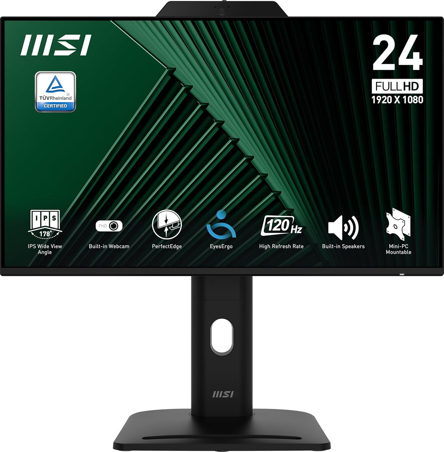 MSI PRO MP242PMG, 24-inch IPS 1920 x 1080 (FHD) Computer Monitor, 120Hz, Webcam, Adaptive-Synch, EPEAT Silver, HDMI, DisplayPort, VGA Port, VESA Mountable, Tilt, Height Adjustable, Speaker, 1ms, Black
