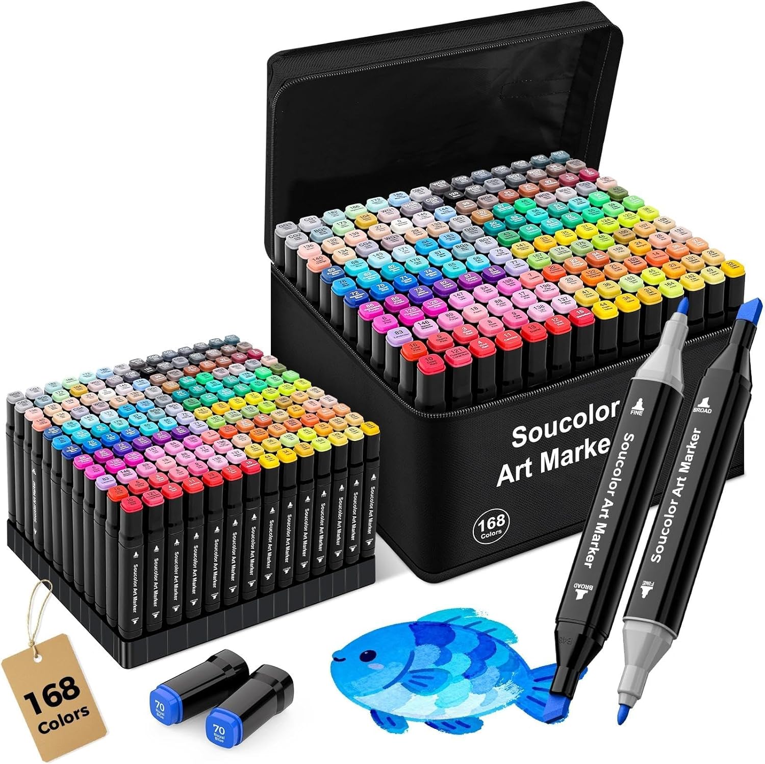 Soucolor Alcohol Markers 168 Colors with Case & Holders, Dual Tips Chisel & Fine Art Markers for Adult Coloring Kids Drawing, Artist Markers Art Supplies for Blending Sketching