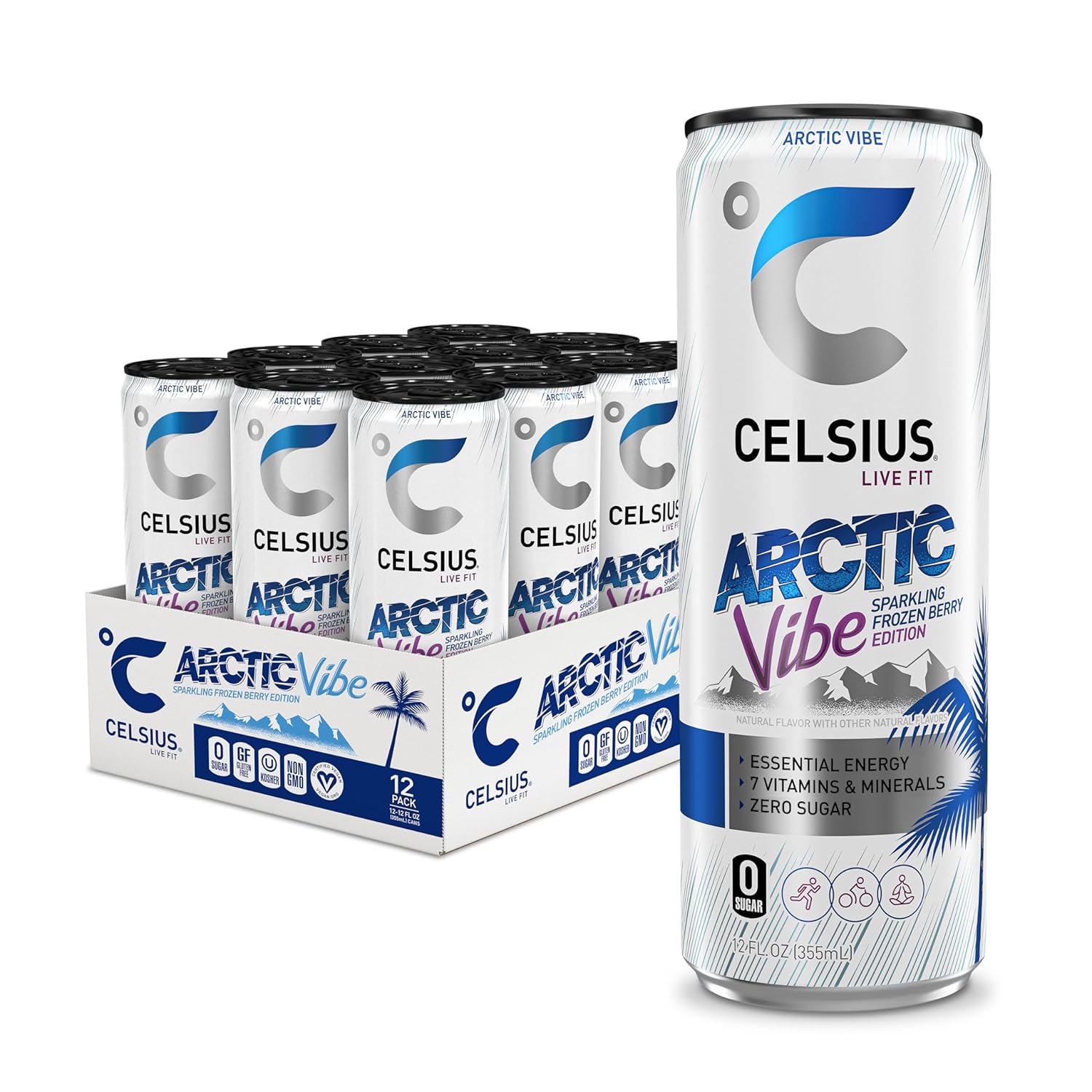 CELSIUS ARCTIC VIBE Sparkling Frozen Berry, Sugar Free Energy Drink, 12 Fl Oz (Pack of 12)