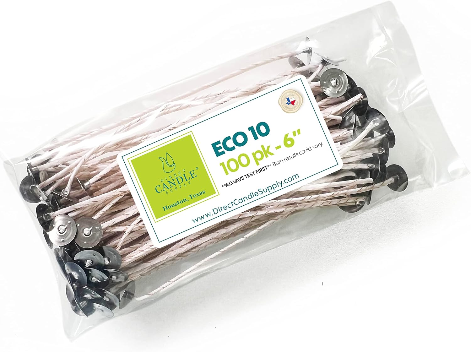ECO 10 Wicks for Candle Making, 6 inch Pre-Waxed Wicks for Soy Candles with Base 100pk