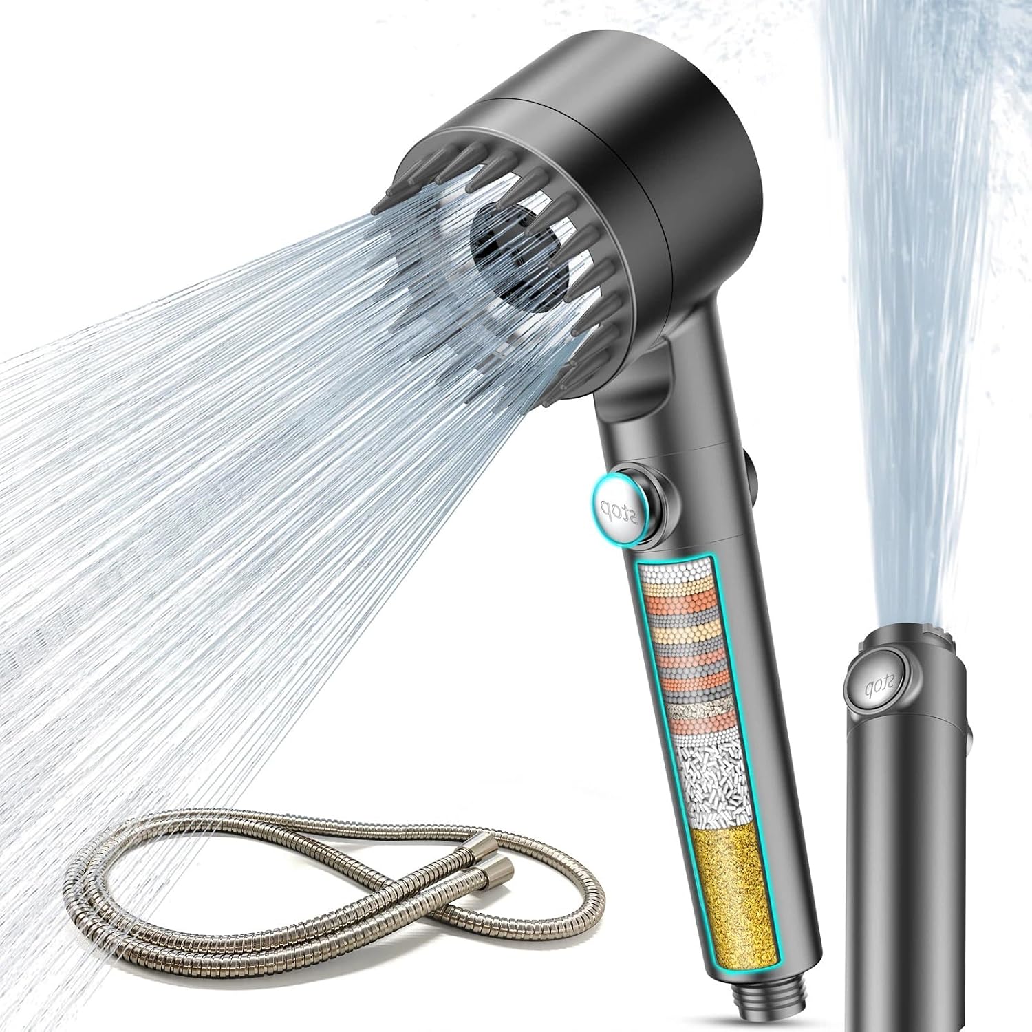 MEKO High Pressure Filter Shower Head for Hard Water UK,1.5m Hose,3+1 Modes