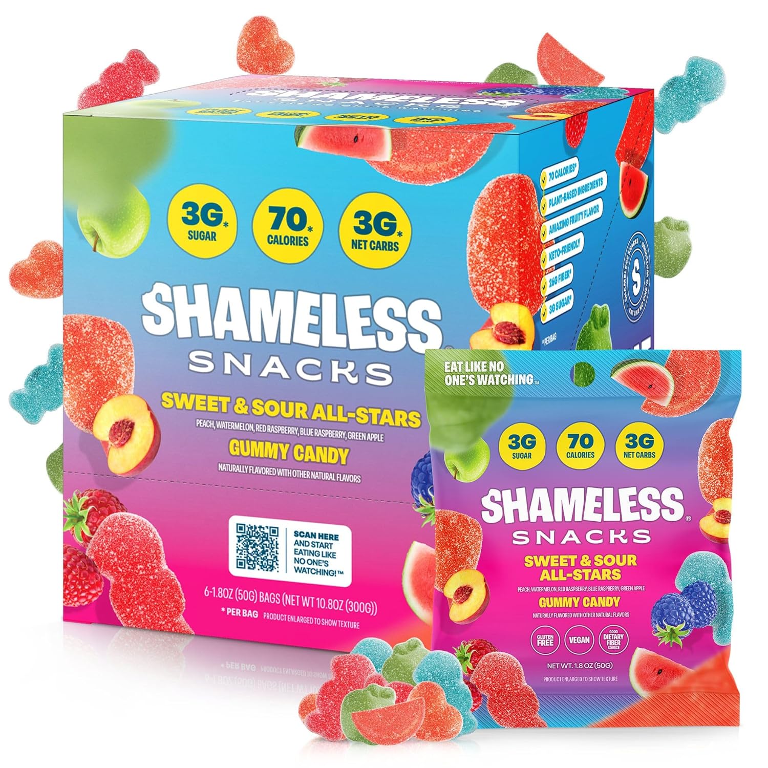 Shameless Snacks Sweet & Sour Allstars – Candy Variety Pack | Sour Gummy Candy | Healthy Vegan Snacks | Low Sugar Fruit Snack | 6-Pack, Gluten Free | Red Raspberry, Watermelon, Peach, Green Apple, Blue Raspberry