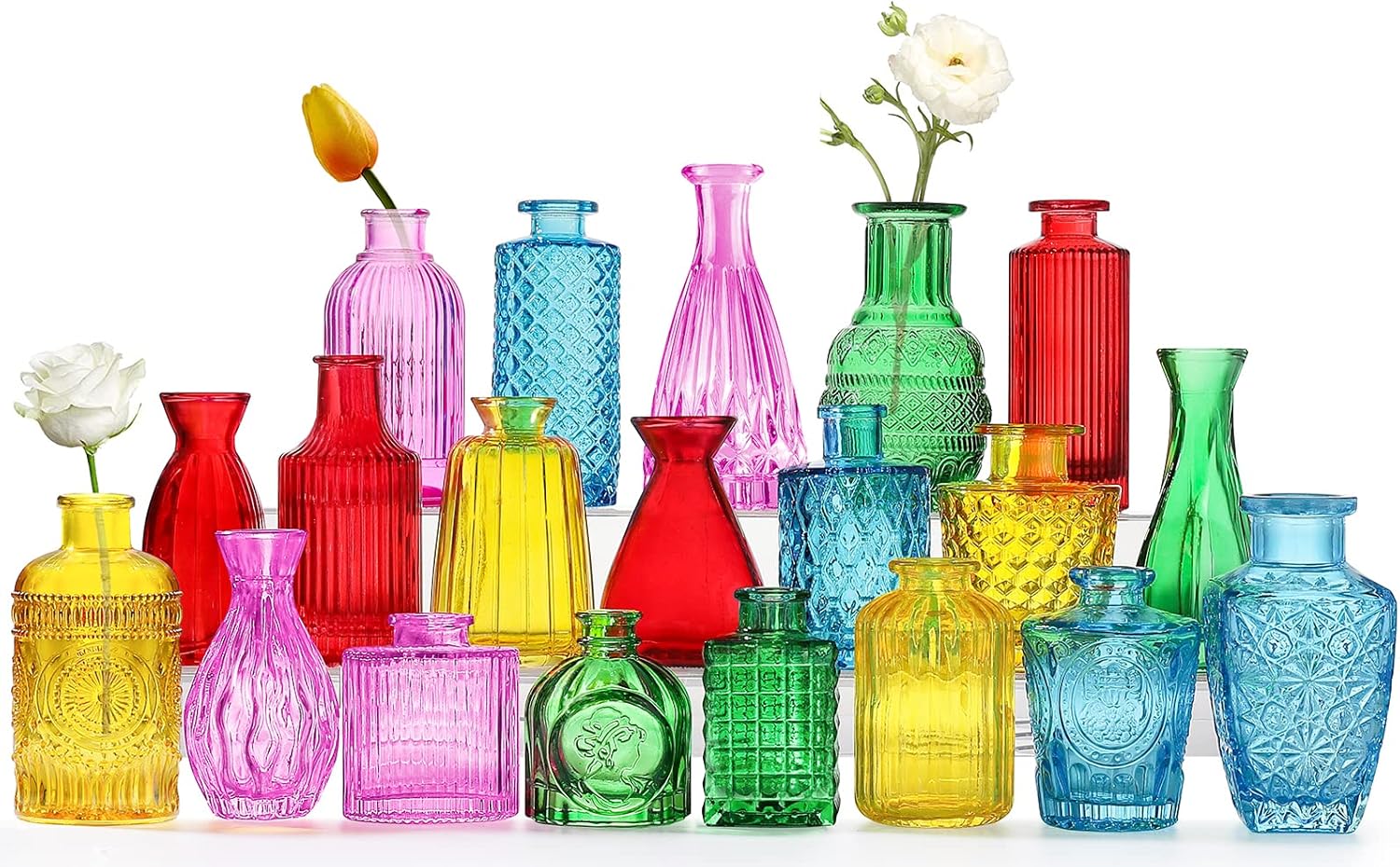 Color Bud Vases in Bulk -Glass Colorful Bud Vase Set Small Flower Glass for Centerpieces,Mini Vintage Style for Rustic Wedding Decorations, Holiday Party Table Flower Decor (20 Colors)