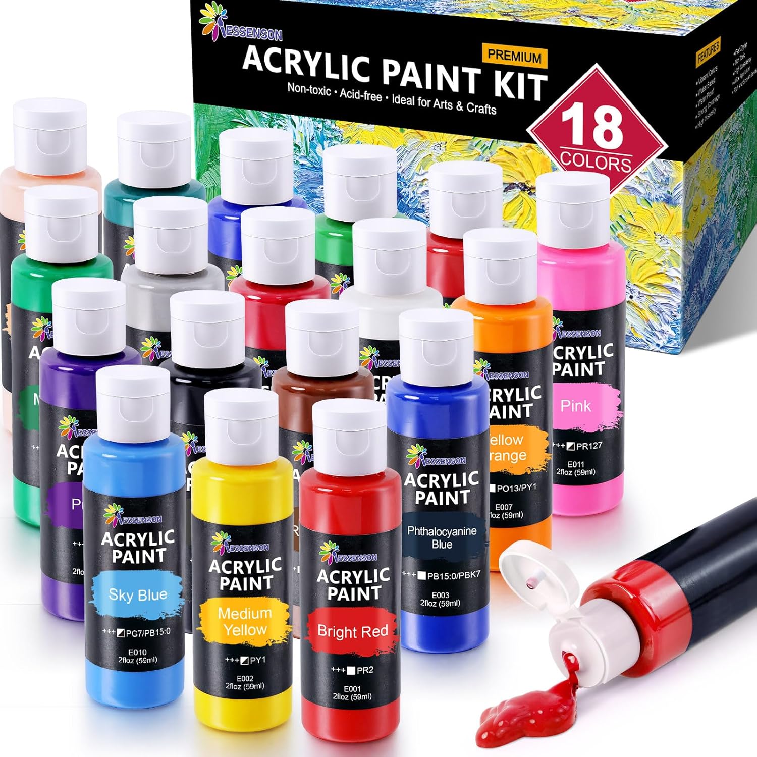 ESSENSON Acrylic Paint, 18 Colors Acrylic Paint Set, 2oz/59ml Bottles, Premium Paints for Artists, Kids, Beginners and Adults on Canvas Rocks Wood Ceramic Fabric
