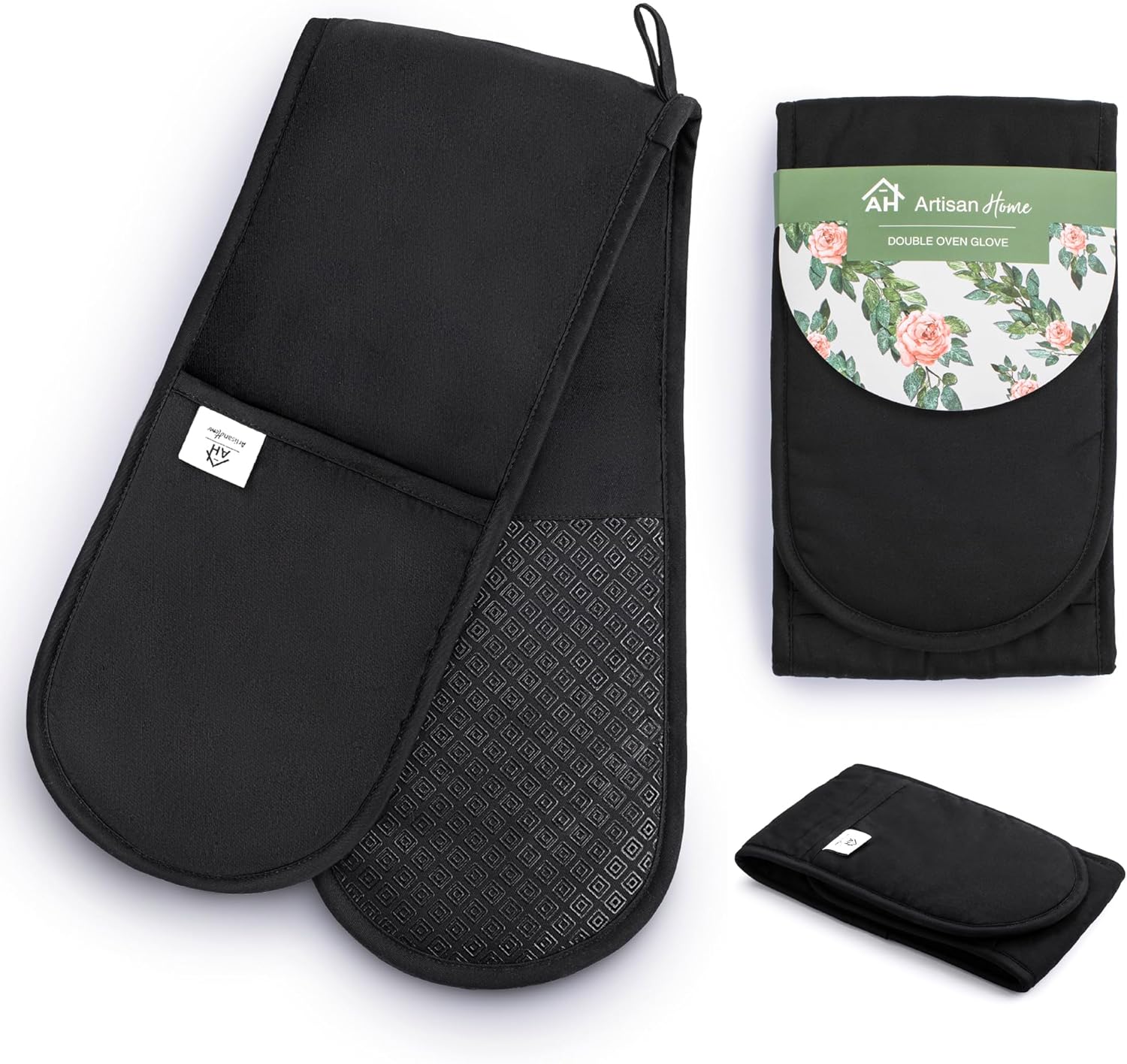Black Double Oven Gloves | Maximum Heat Resistant Protection | Double Oven Mitt Potholders With Silicone Non-slip Design | Machine Washable Thick Oven Glove Potholders Home & Kitchen
