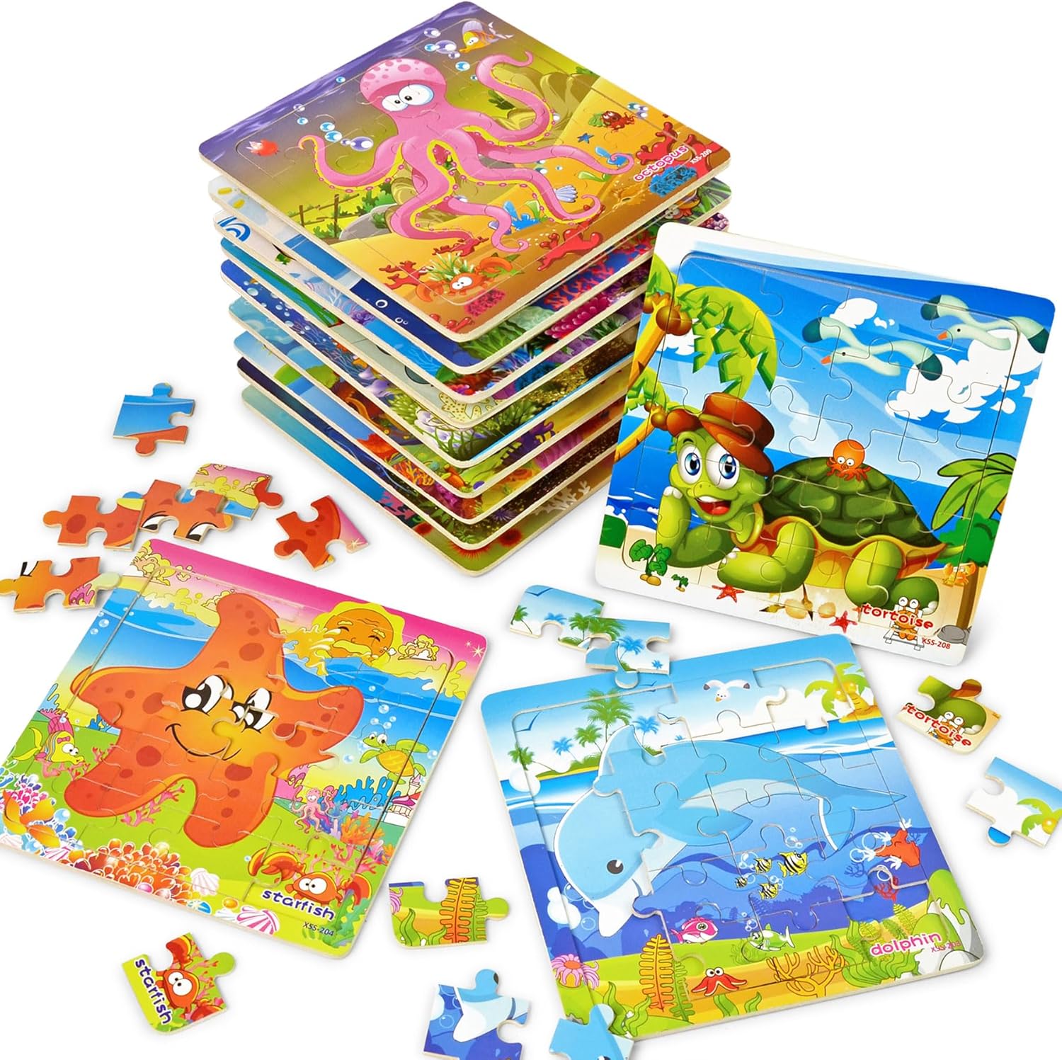 Vileafy Under The Sea Party Favors for Kids – 12 Pack Ocean Animal Wooden Puzzles with Gift Bags – 20-Piece Mini Jigsaw Toys for Boys & Girls Ages 4-8 – Birthday Return Gifts, Classroom Prizes