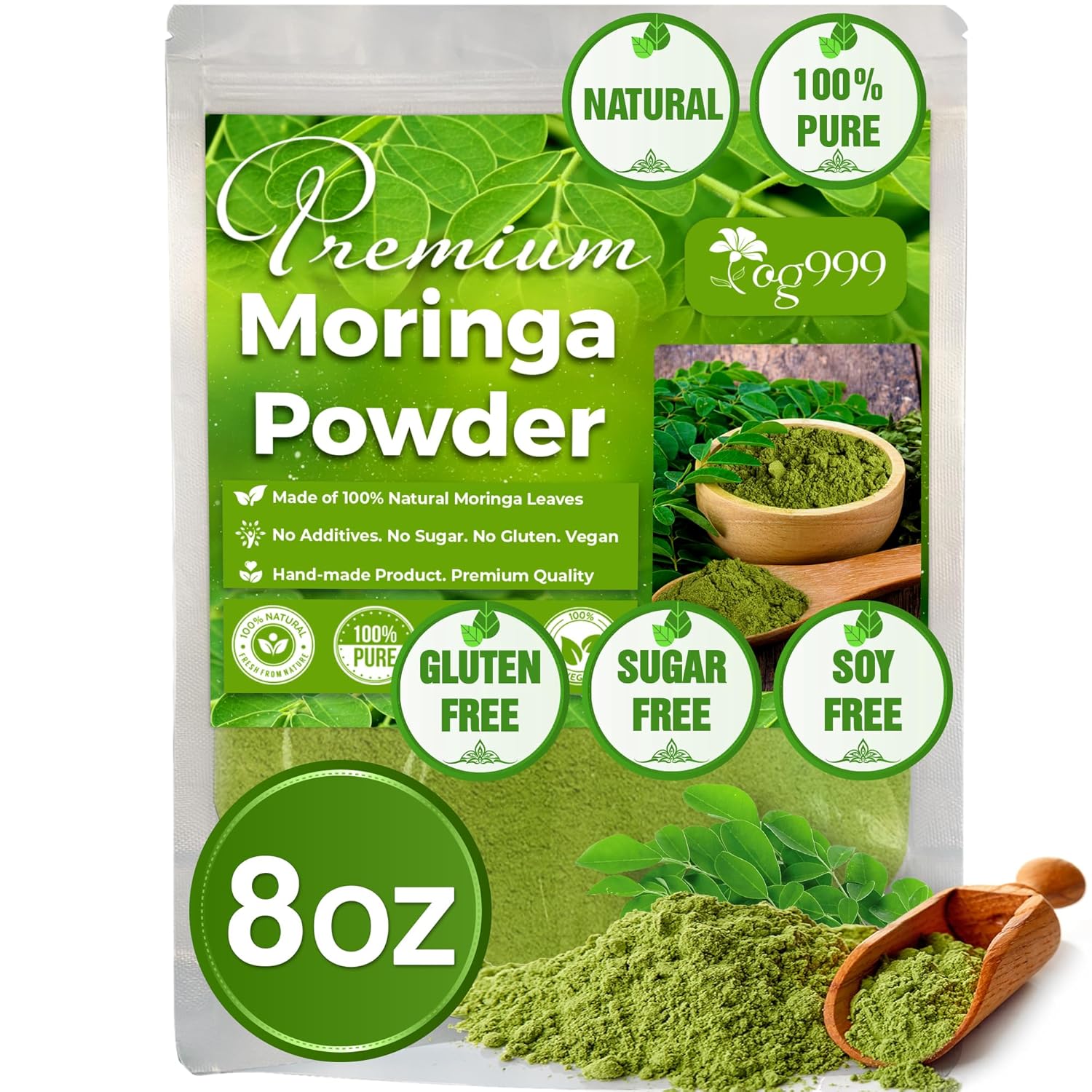 Premium 8oz Moringa Leaf Powder, 100% Natural and Pure from Moringa Leaves, No Additives, No Gluten, No Sugar, Vegan