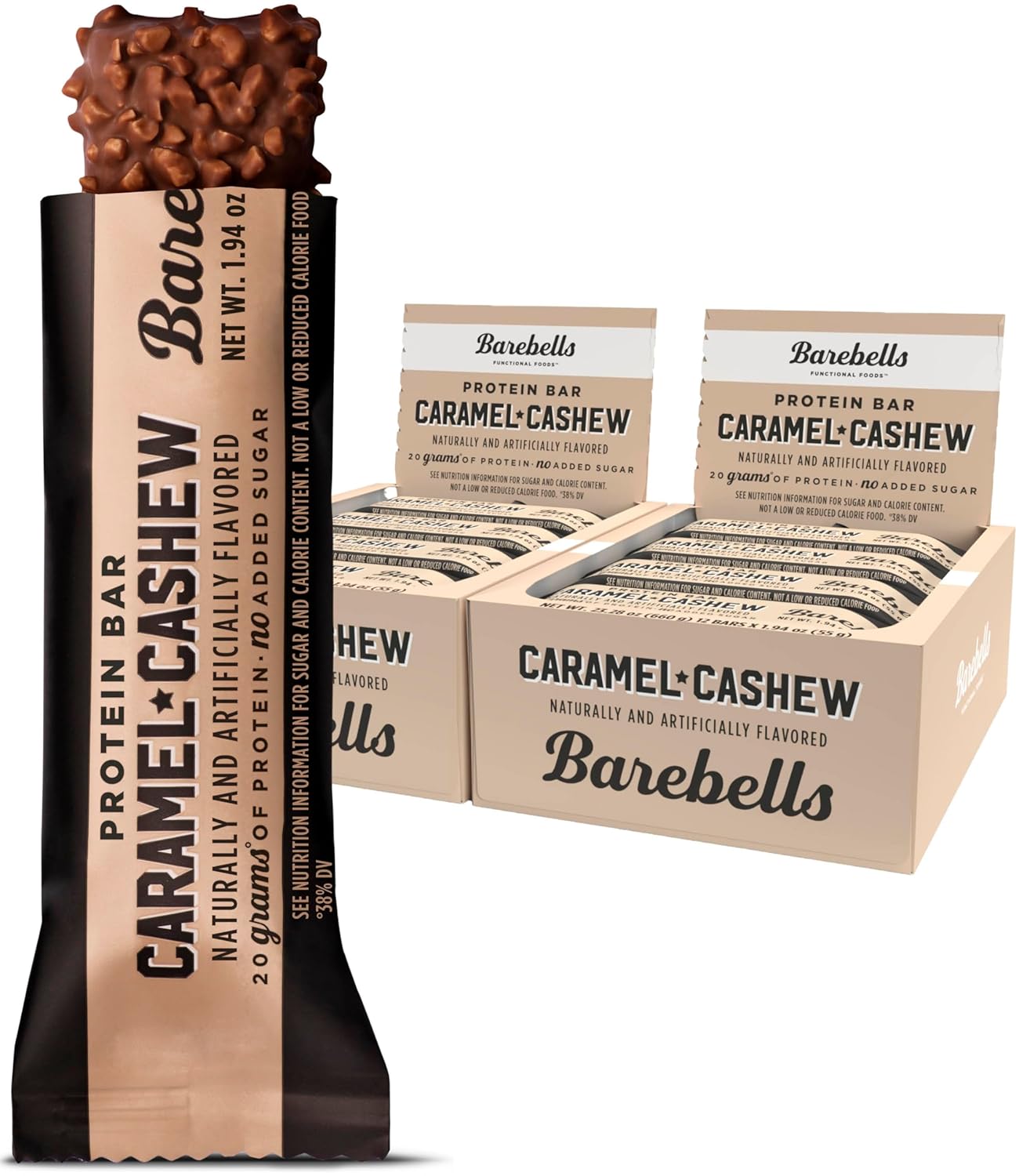 Barebells Protein Bars Caramel Cashew - 12 Count, Pack of 2 - Protein Snacks with 20g of High Protein - Chocolate Protein Bar with 1g of Total Sugars - Perfect on The Go Protein Snack & Breakfast Bars…