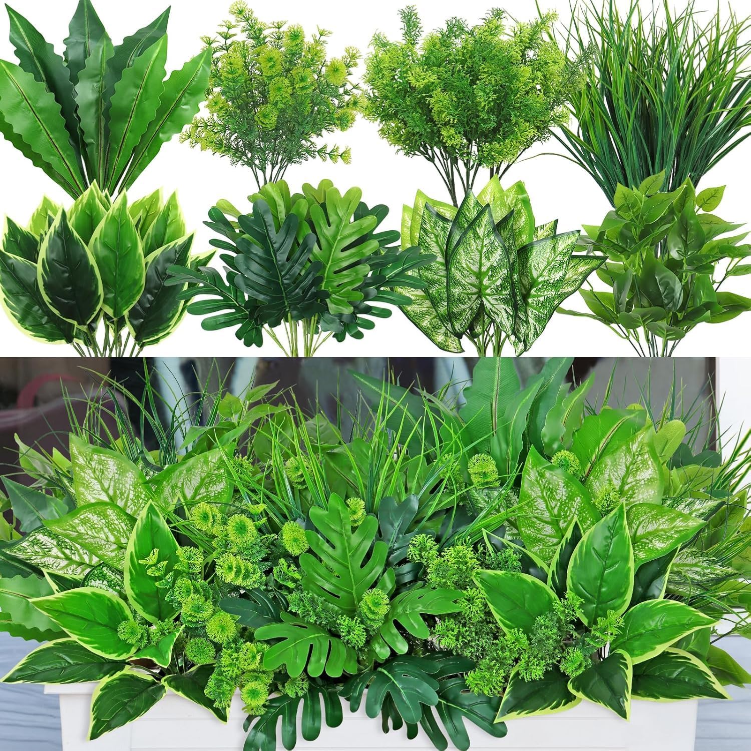 Dremisland 18PCS Artificial Plants Outdoor UV Resistant Fake Plants Faux Greenery Stems Bushes Ferns Decorative Artificial Grass Artificial Shrubs Foliage for Indoor Outside Front Porch Garden Window
