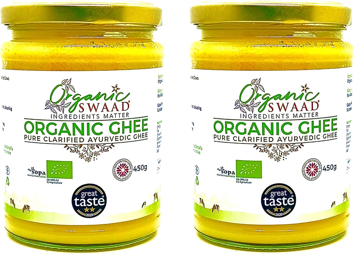 2 x 450g Great Taste 2020 Winner - Organic Certified - Grass Fed Cows – English Ayurvedic Clarified Ghee by Organic Swaad = 900g