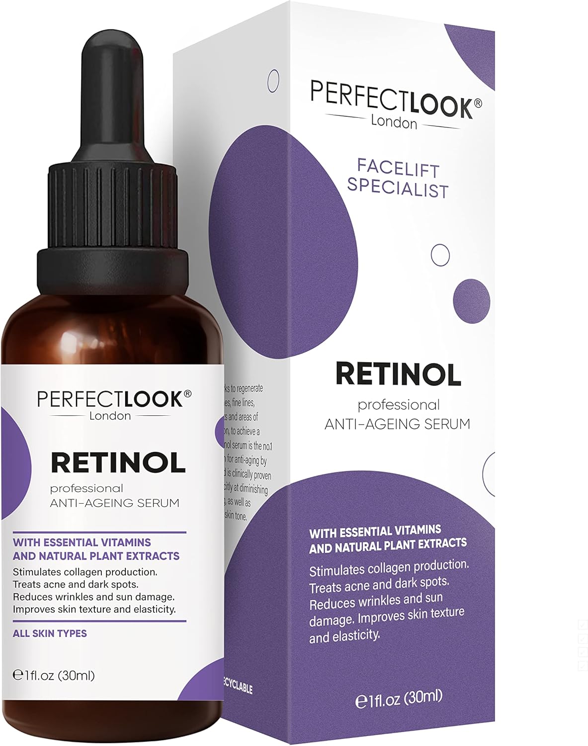 Perfect Look London Retinol Serum 0.25% with Hyaluronic Acid and Centella Asiatica, Advanced Anti Aging & Wrinkle, High Strength Formula with Vitamin A/Retinoid to Reduce Wrinkles & Acne 30ml