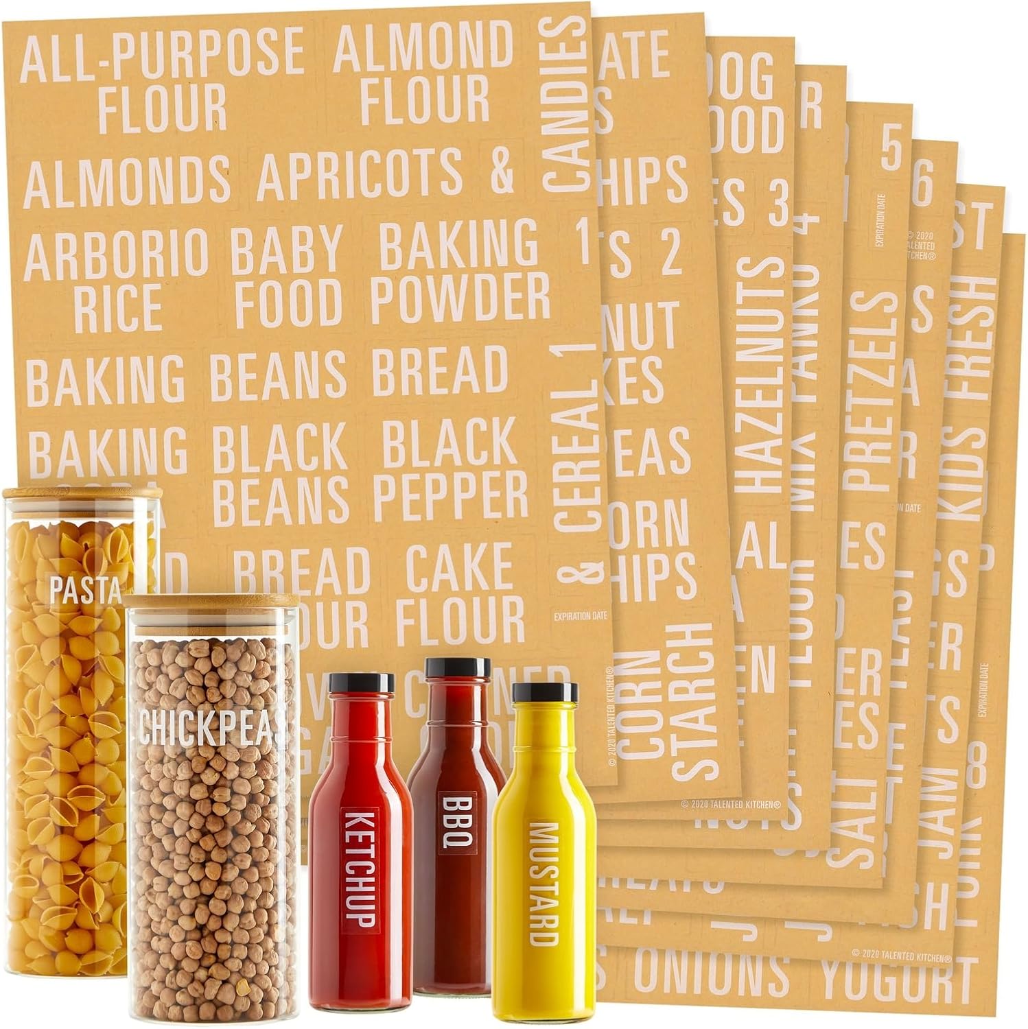 Talented Kitchen 224 White Pantry Labels & Fridge – All Caps Kitchen Pantry Names & Fridge – Food Label Sticker, Water Resistant Pantry Labels for Containers Jar Pantry Organization and Storage