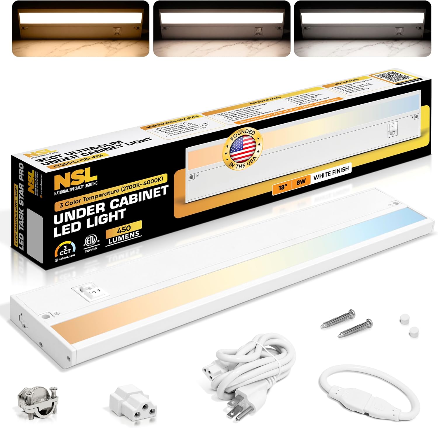 LED Under Cabinet Lighting Hardwired - 3CCT 18 Inch White Finish - Undercabinet Lights for Kitchen - Linkable Undercounter Dimmable Plug in Light or Hard Wired - Under Counter Fixture Direct Wire