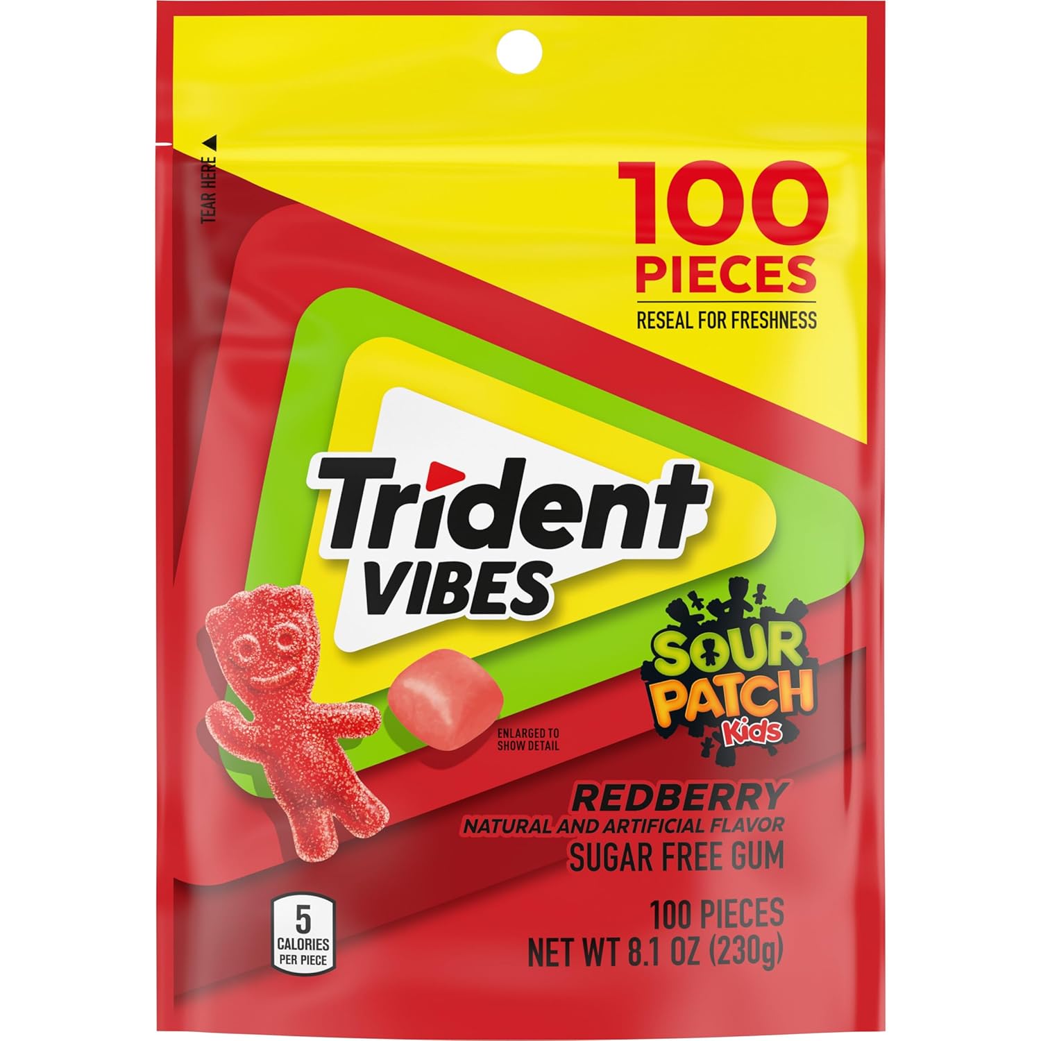 Trident Vibes SOUR PATCH KIDS Redberry Sugar Free Gum, Resealable Pouch, Pack of 1 (100 Pieces)
