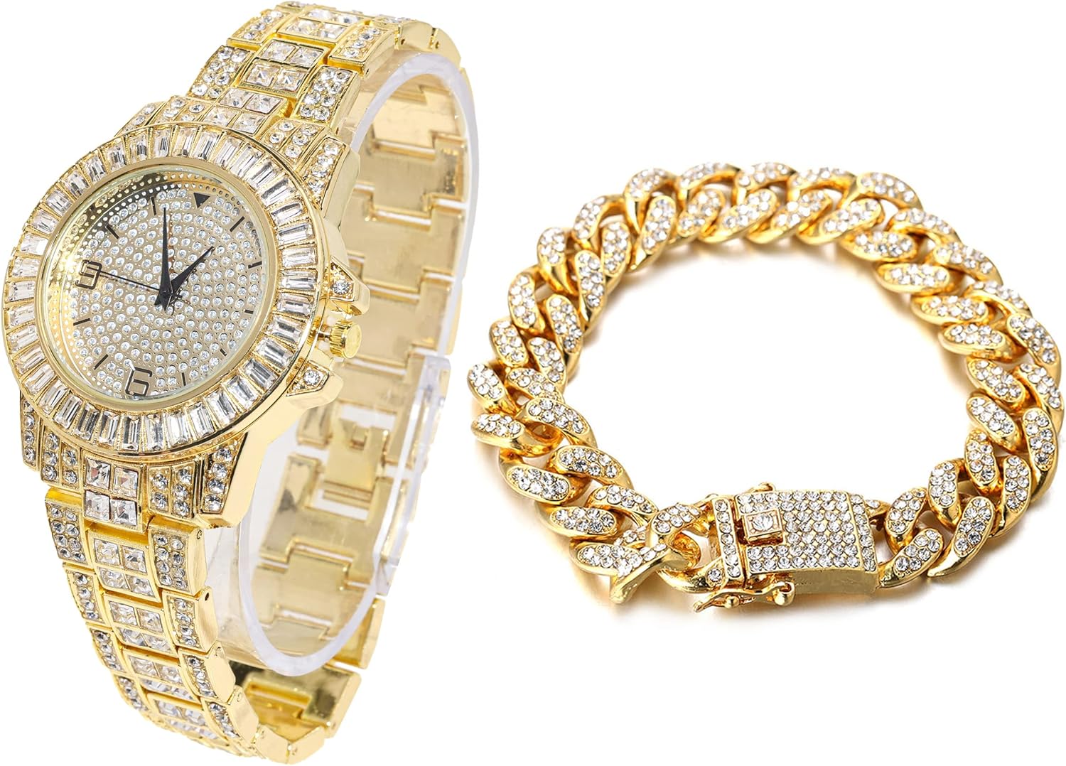 HALUKAKAH Diamonds Gold Watch Iced Out, Men's 18K Real Gold/Platinum White Gold Plated 38MM Width Round Dial Quartz Wristband 22cm with Cuban Link Chain 20+45cm Necklace Bracelet, Free Giftbox