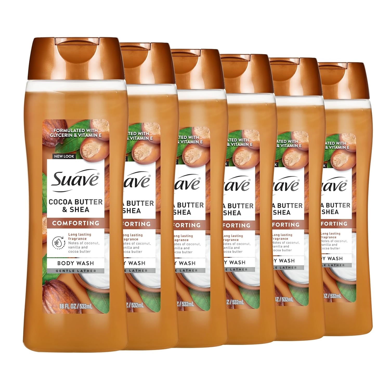Suave Moisturizing Body Wash, Cocoa Butter and Shea with Vitamin E Extract, No Parabens, No Phtahaltes, 18 Oz Pack of 6
