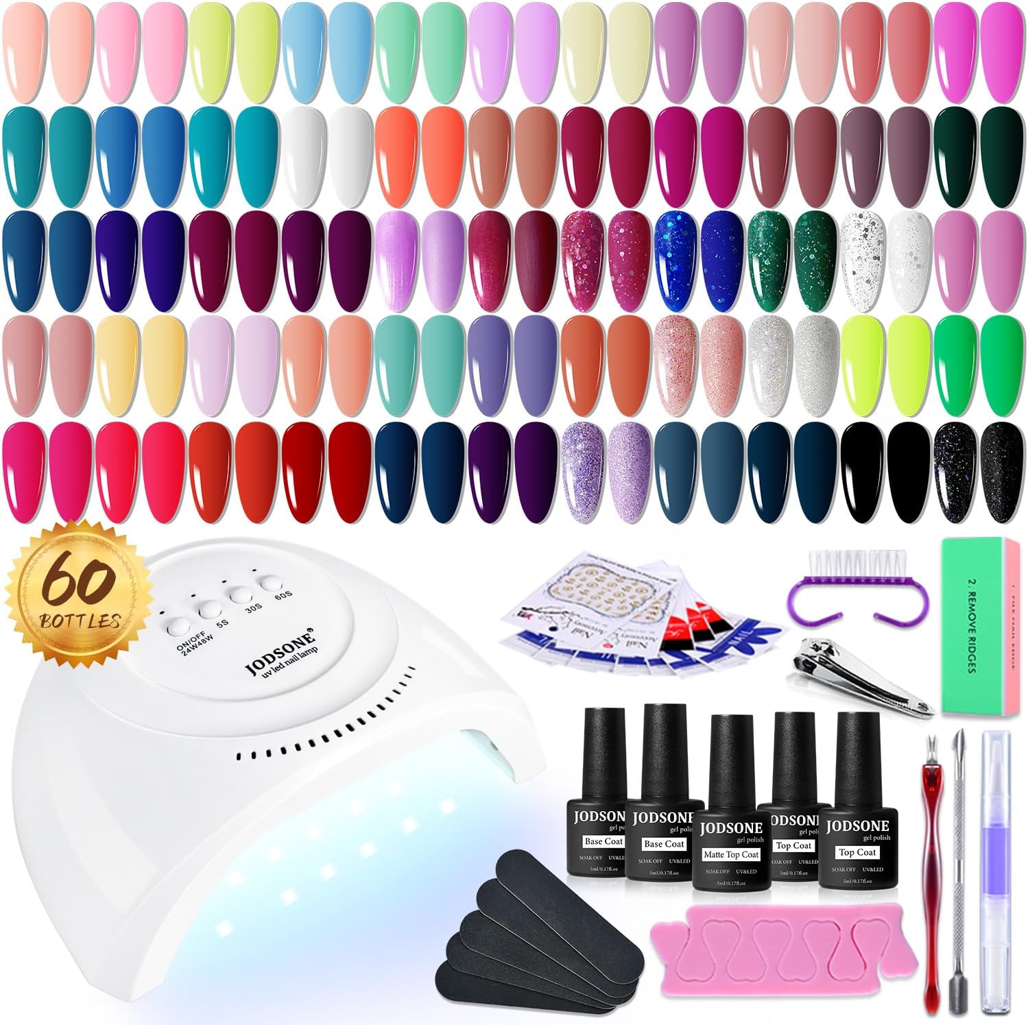 JODSONE Gel Nail Polish Kit 60 PCS with U V Light Soak off Base Top Coat Gel Polish 55 Shine Colors Gel Nail Kit Bright and Dark Brown Wine Red Series Manicure Set for Women and Girls