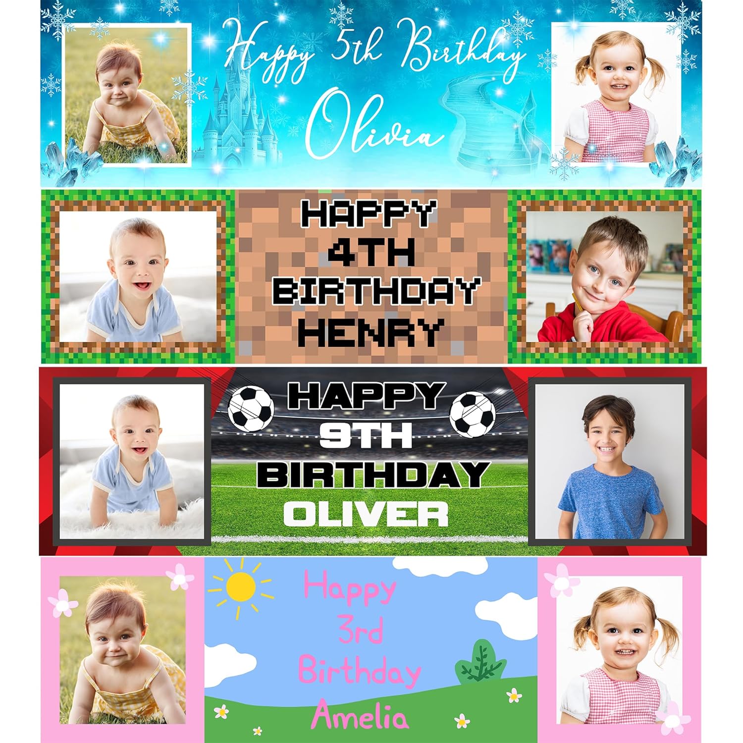 Personalised Party Banner with Photos – Custom Decoration for Kids – 153 x 43 cm Happy Birthday Sign for Girls and Boys - Football