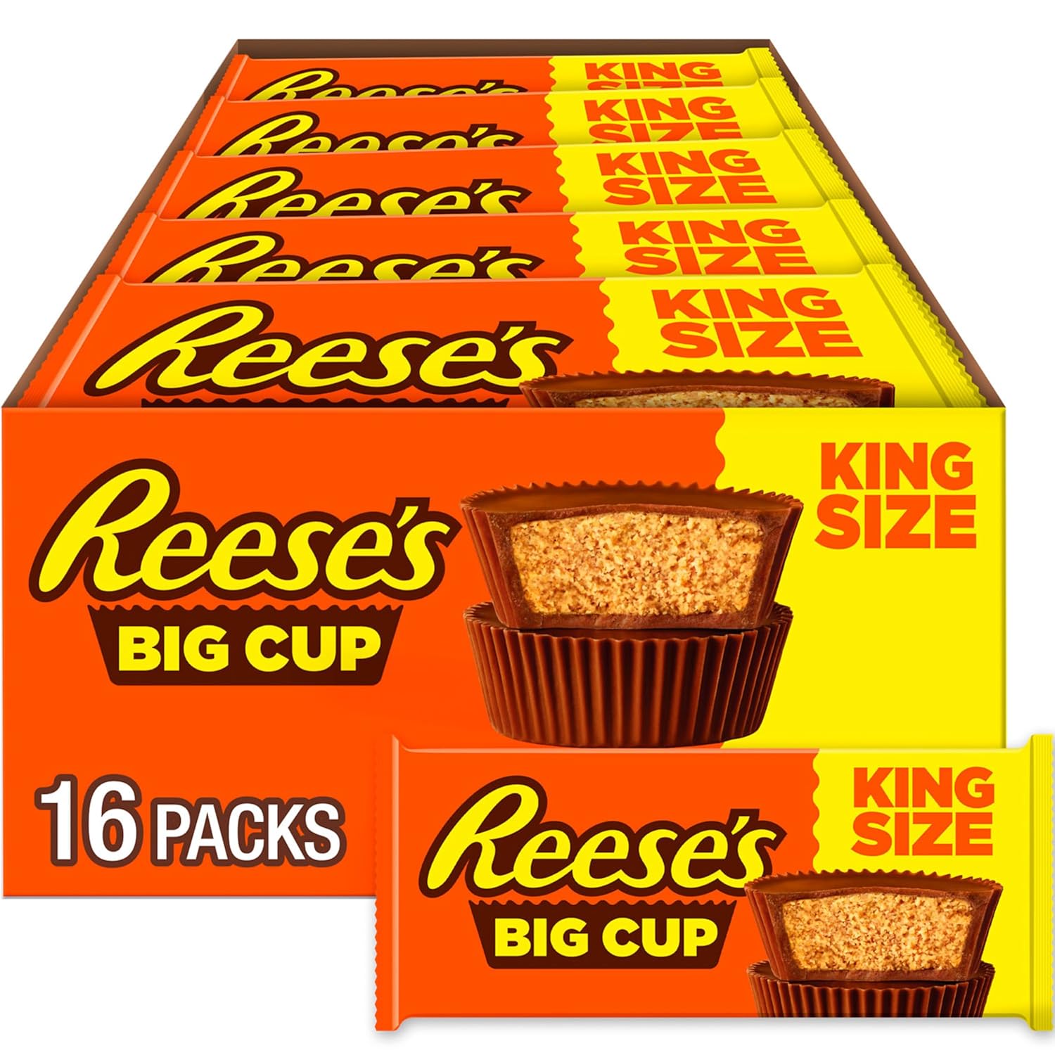 REESE'S Big Cup Milk Chocolate King Size Peanut Butter Cups, Candy Packs, 2.8 oz (16 Count)