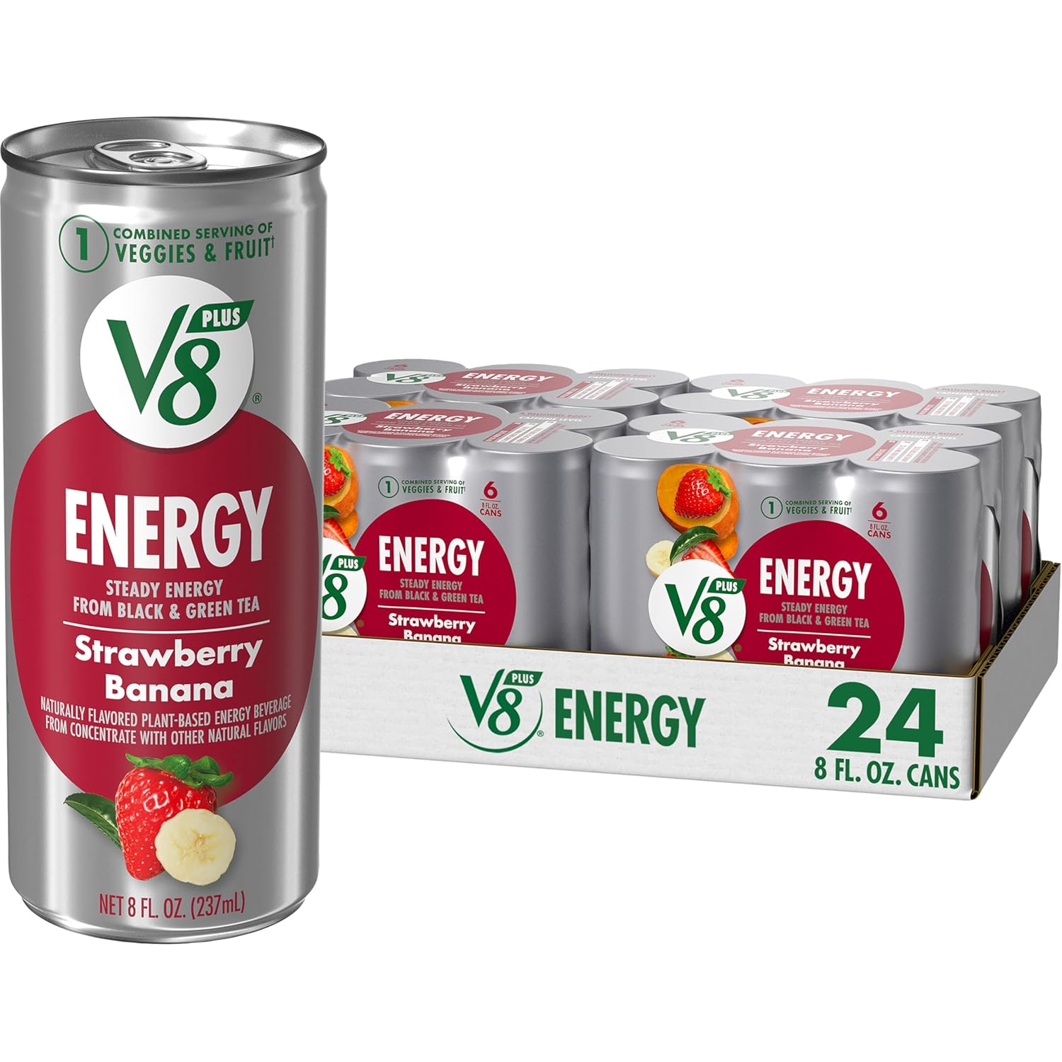 V8 +Energy Strawberry Banana Juice Energy Drink, 8 fl oz Can (24 Pack)