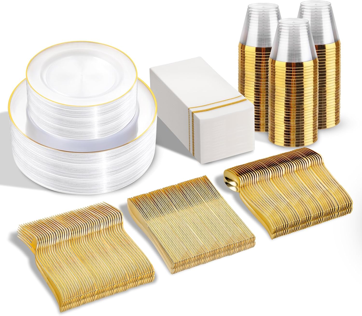 SUT 350Pcs Plastic Dinnerware Set for 50 Guests, Clear and Gold Plastic Plates, Disposable Plates and Napkins Party Supplies, Gold Silverware, Plates, Cups and Napkins Sets for Party Weddings