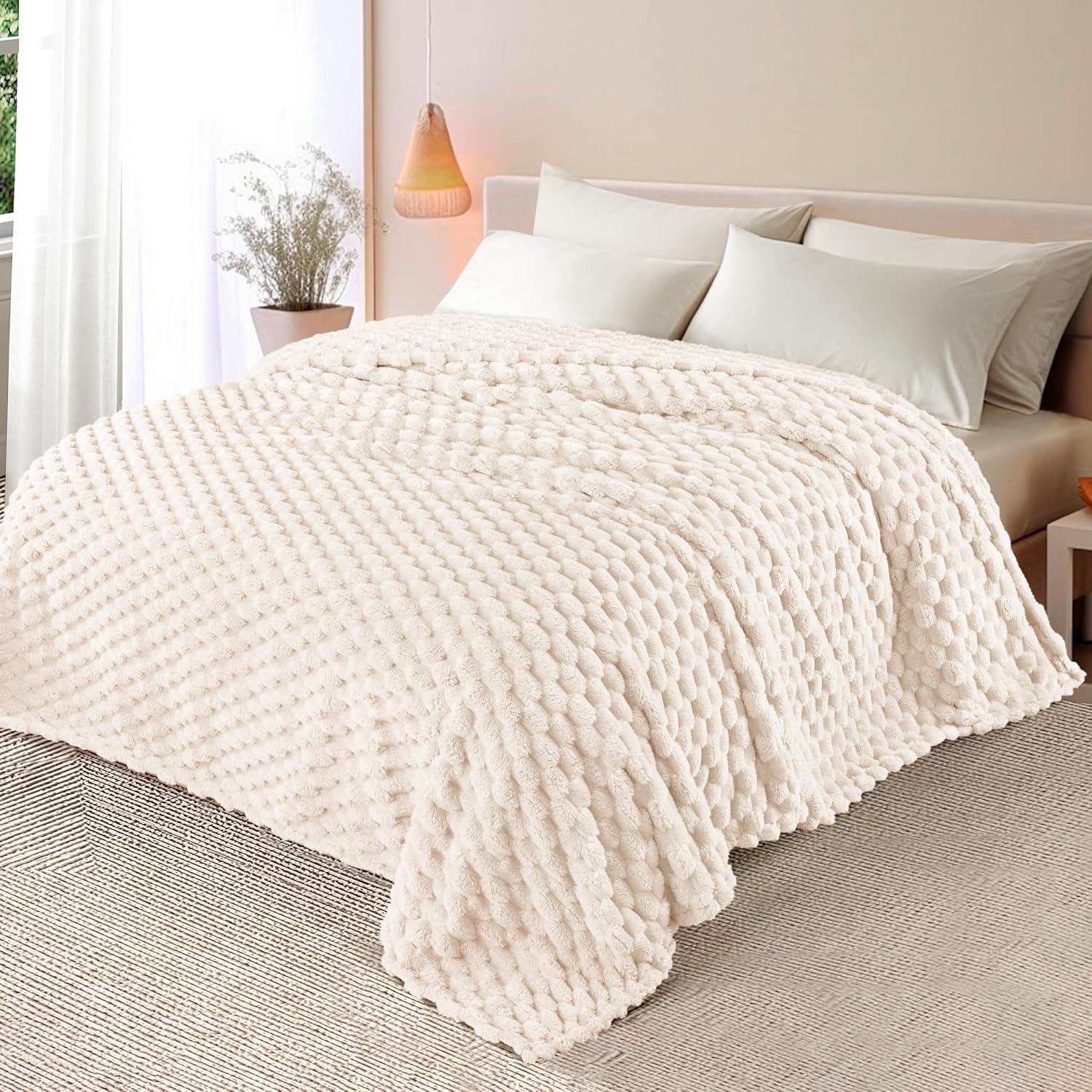 Whale Flotilla Queen Size Blanket for Bed with Jacquard Pattern, Fuzzy Soft Cozy Exquisite Blankets for All Season, Warm and Fluffy, 90x90 Inch, Ivory