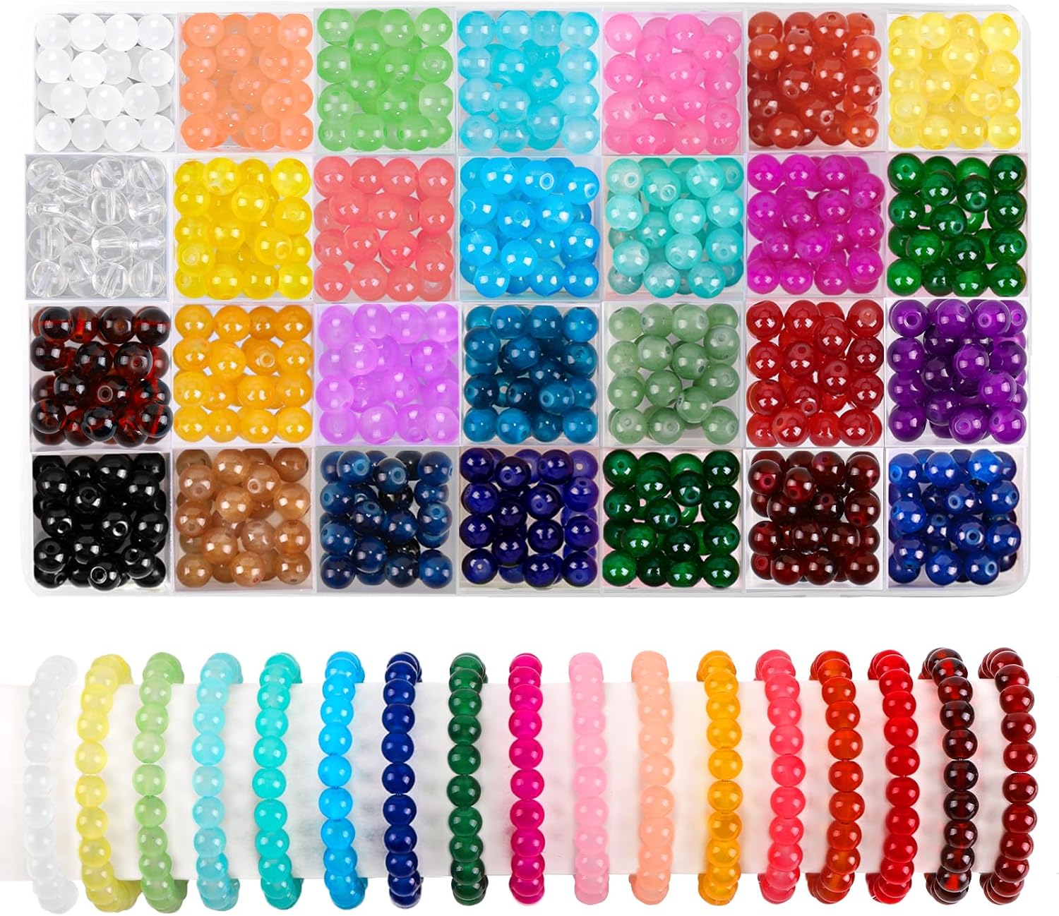 JOLCEEY 560pcs Round Glass Beads Bracelet Making Kit, 28 Colors 8mm Imitative Jade Crystal Gemstone Beads for Jewelry Making Bracelet Necklace Phone Lanyard DIY Crafts