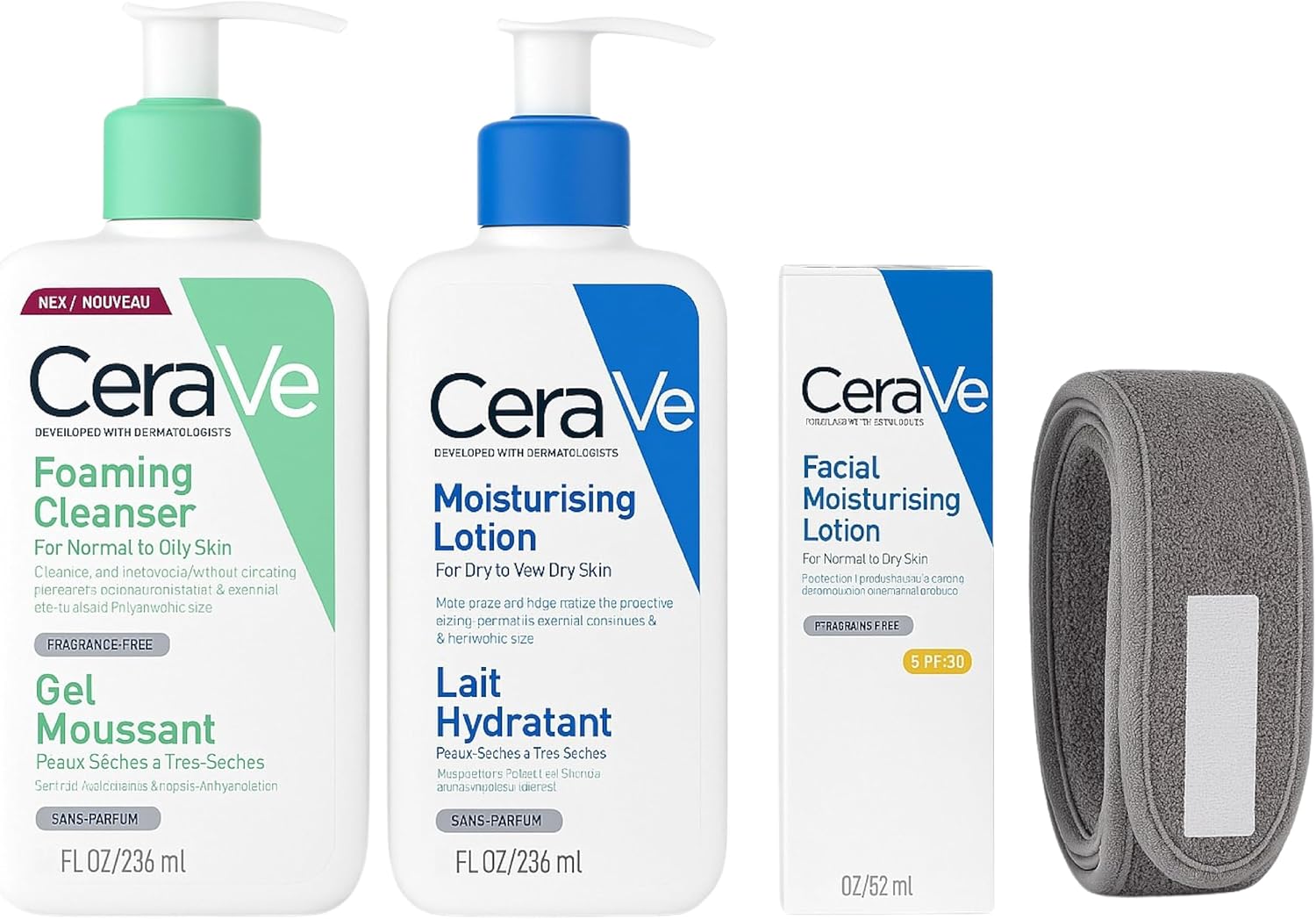 Skincare Set – Contains CeraVe Foaming Cleanser 236 ml, CeraVe Moisturising Lotion 236 ml and CeraVe Facial Moisturising Lotion SPF 30 52 ml with a Skincare Headband (4 Items)