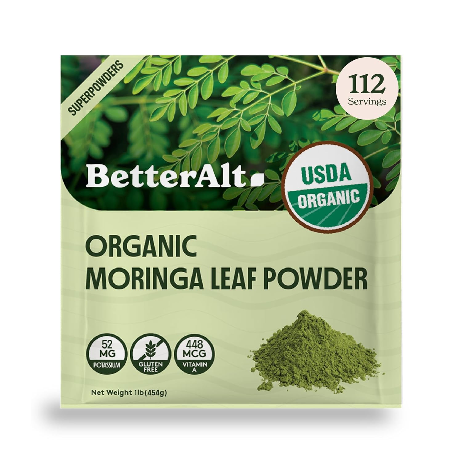 Better Alt Organic Moringa Powder, USDA Certified - Moringa Leaf Powder Perfect for Smoothie,Tea, Drinks & Recipes, Green Superfood, Moringa Oleifera Powder- 112 Servings 1 lb