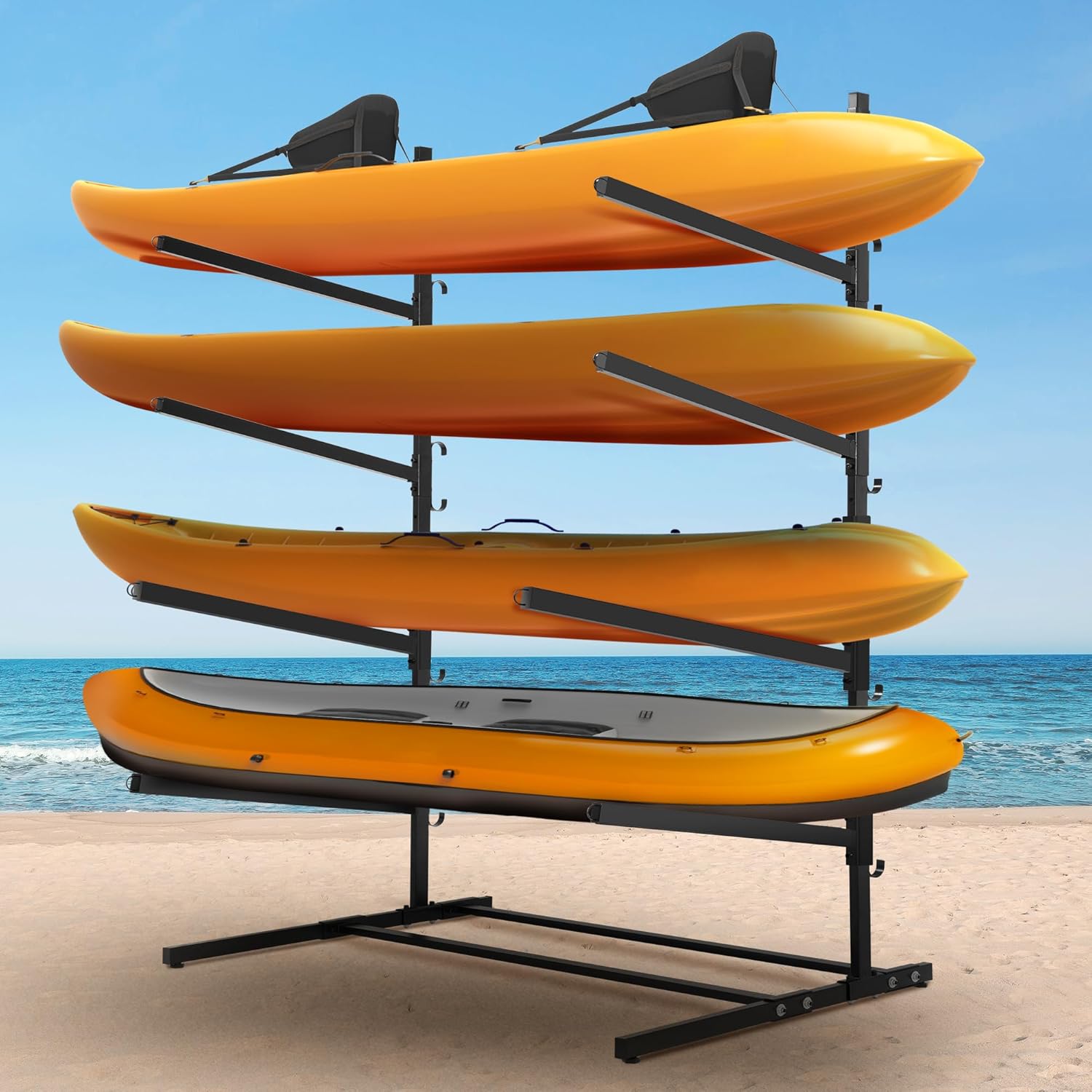 Rengue Kayak Storage Rack, Heavy Duty Freestanding Kayak Stand for 4 Kayaks, SUPs, Canoe and Paddleboard kayak rack for Indoor & Outdoor Use