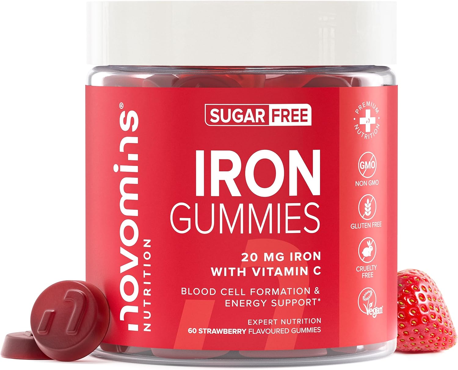 Iron Gummies with Vitamin C - Sugar Free - 1 Month Supply - 20mg with 24mg Vitamin C - Immune System & Energy - Alternative to High Strength Tablets - Iron Supplements for Women & Men - Novomins