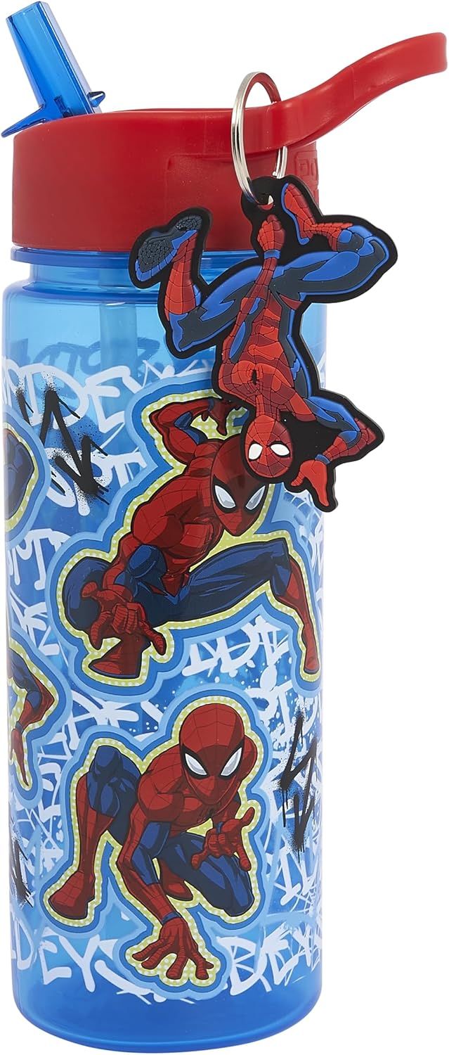 Polar Gear Spiderman Kids 500ml Water Bottle with Straw - Back to School Boys Water Bottle with Spiderman Keyring Charm, Blue & Red
