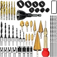 LAMPTOP 39-Pcs Woodworking Chamfer Drilling Tools Including Bolt-Deburring Tool, tap Drill bits, Long Twist Drill Bit Tool, 1/4" Hex Shank, Countersink Drill Bit Wood Plug Cutter, Woodworking Tools