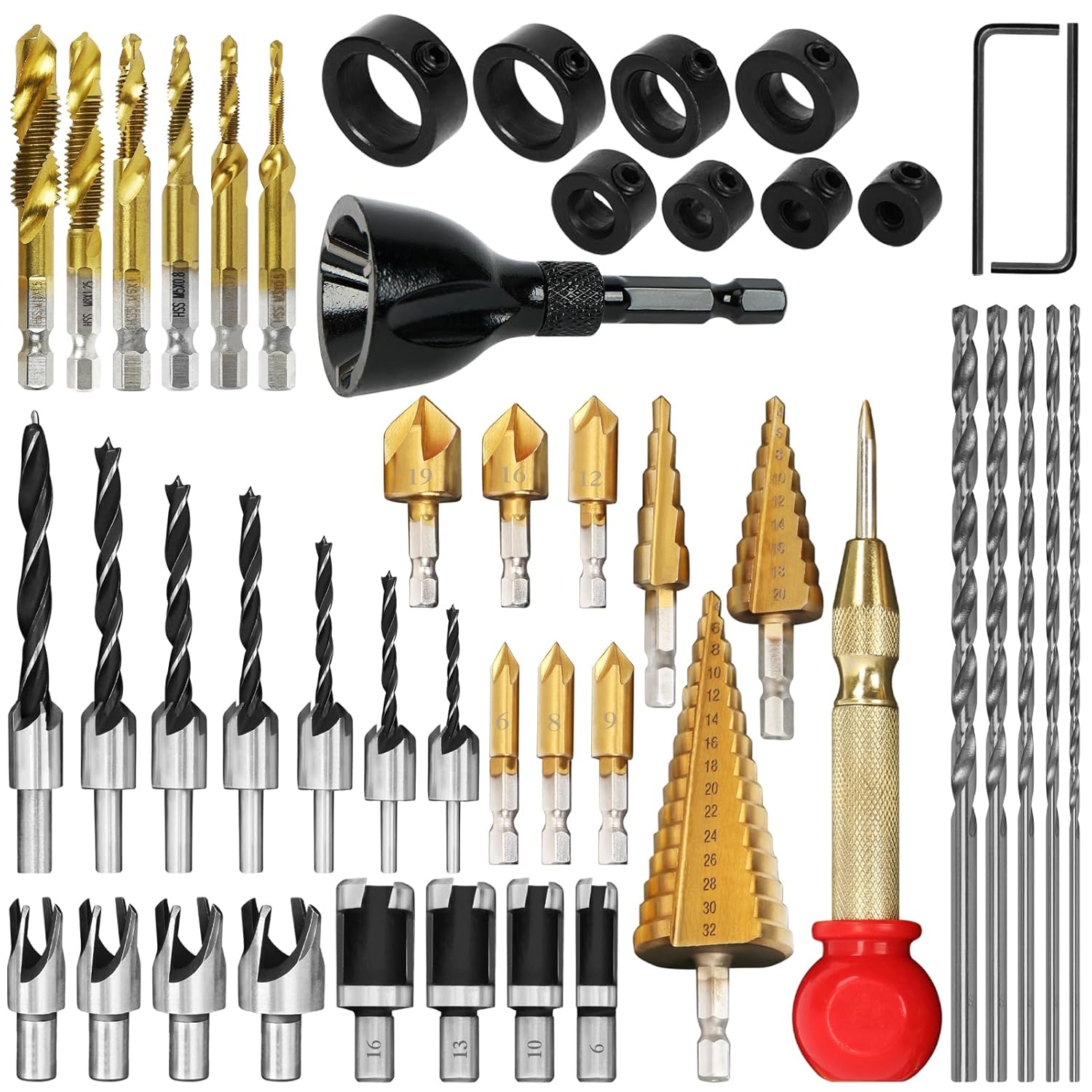 LAMPTOP 39-Pcs Woodworking Chamfer Drilling Tools Including Bolt-Deburring Tool, tap Drill bits, Long Twist Drill Bit Tool, 1/4" Hex Shank, Countersink Drill Bit Wood Plug Cutter, Woodworking Tools
