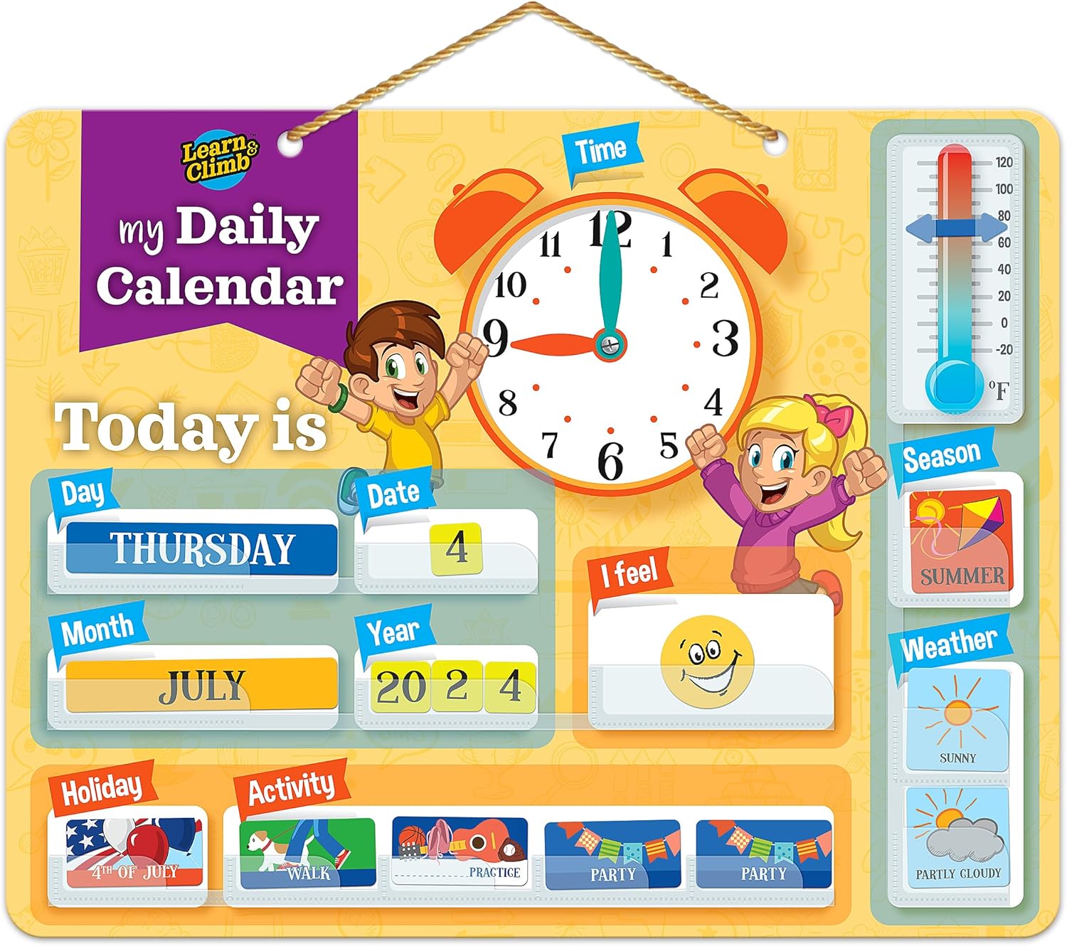 Learn & Climb Kids Daily Calendar Magnetic, Hang on Wall or Fridge for Home or School. (Yellow)