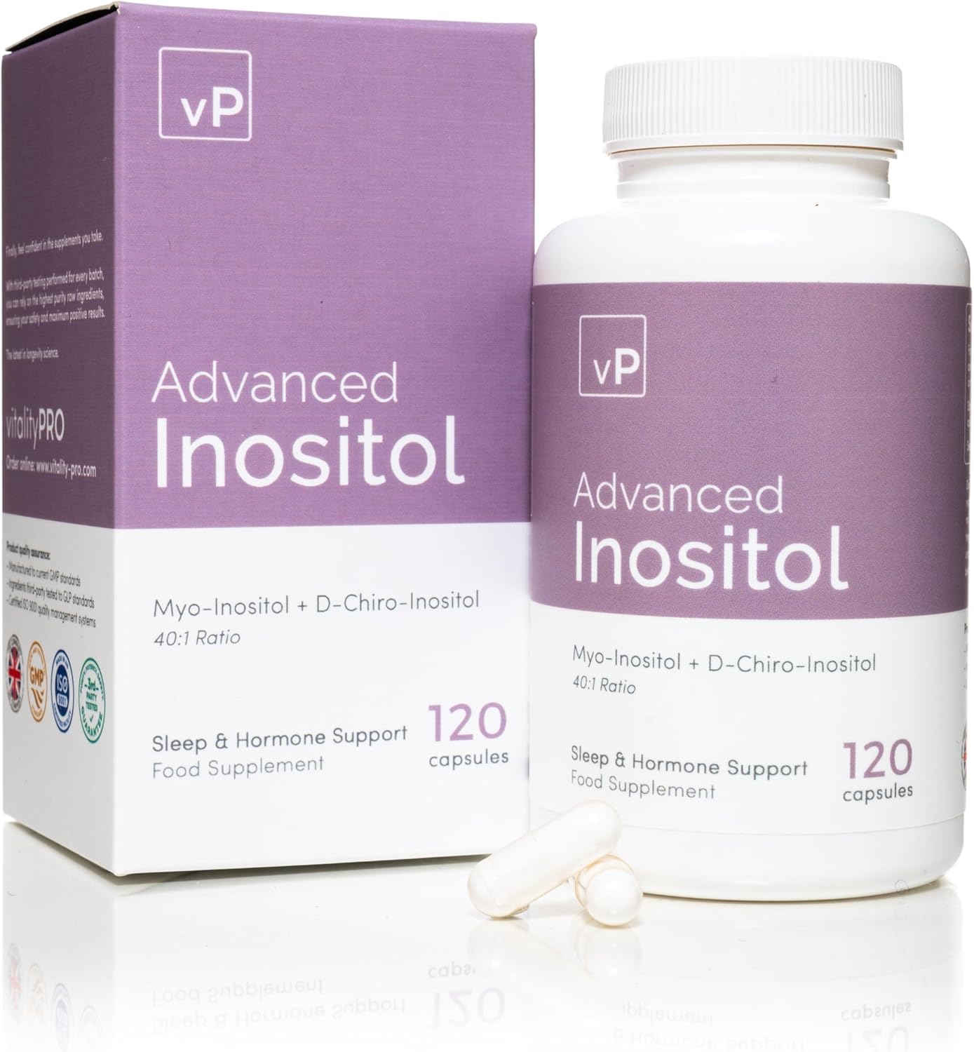 vP Vitality Pro Advanced 40:1 Inositol Supplement, 120 Capsules – 500 mg per Capsule (Myo-Inositol 488 mg + D-Chiro-Inositol 12 mg) Hormonal Balance, Blood Sugar Support, Sleep & Insulin Sensitivity