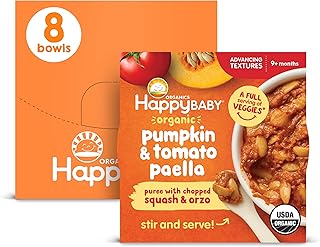 Happy Baby Organics Baby Food, Advancing Textures Bowl Pumpkin & Tomato Paella Puree with Chopped Squash & Orzo, 4 Oz (Pack of 8)