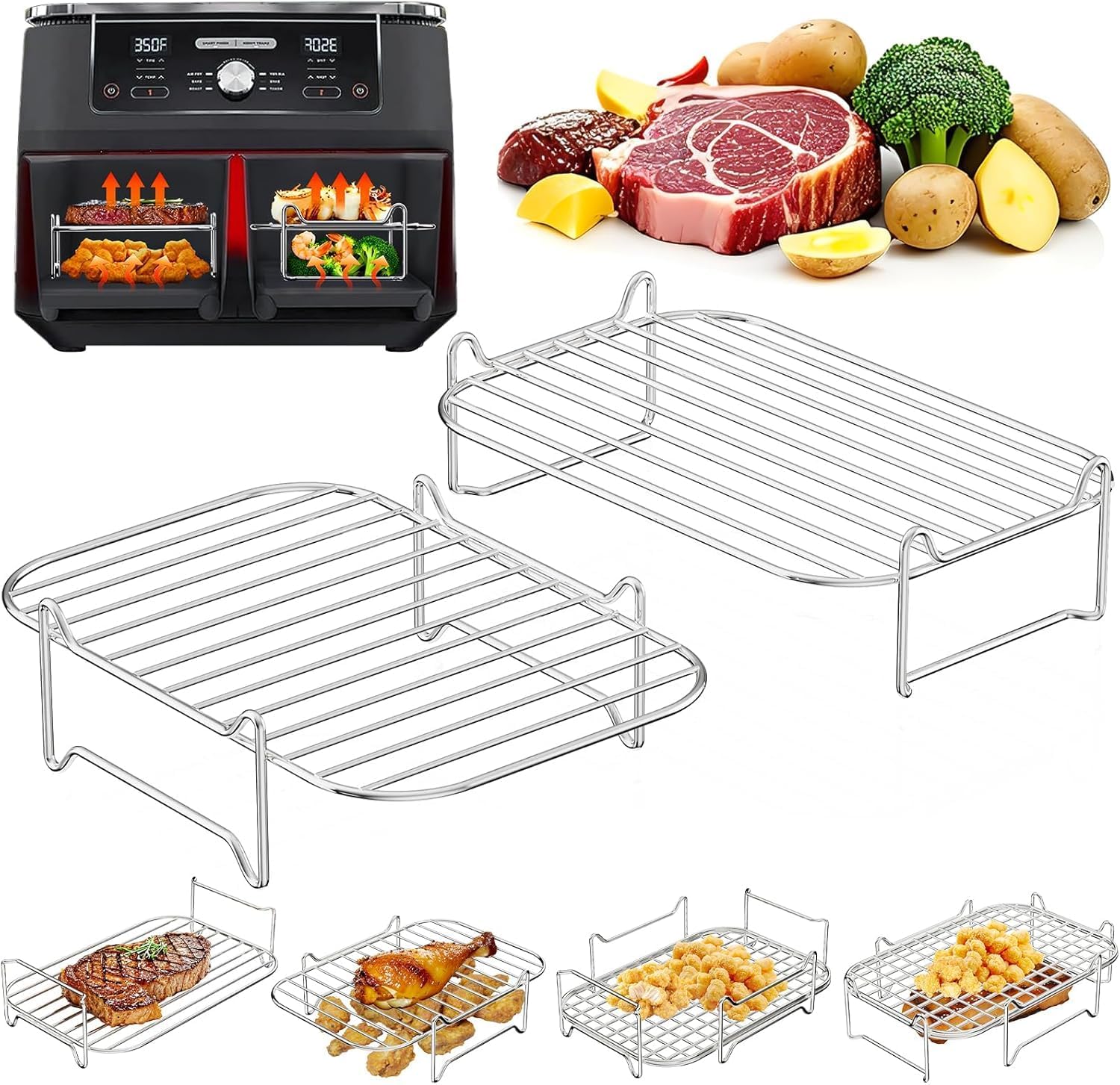 2Pcs Ninja Air Fryer Accessories, Air Fryer Racks 304 Stainless Steel, Airfryer Rack for Dual Drawer AF300UK AF400UK 7.6L-10.4L Compatible with Ninja, Cosori, Russell Hobbs Double Drawer Airfryer