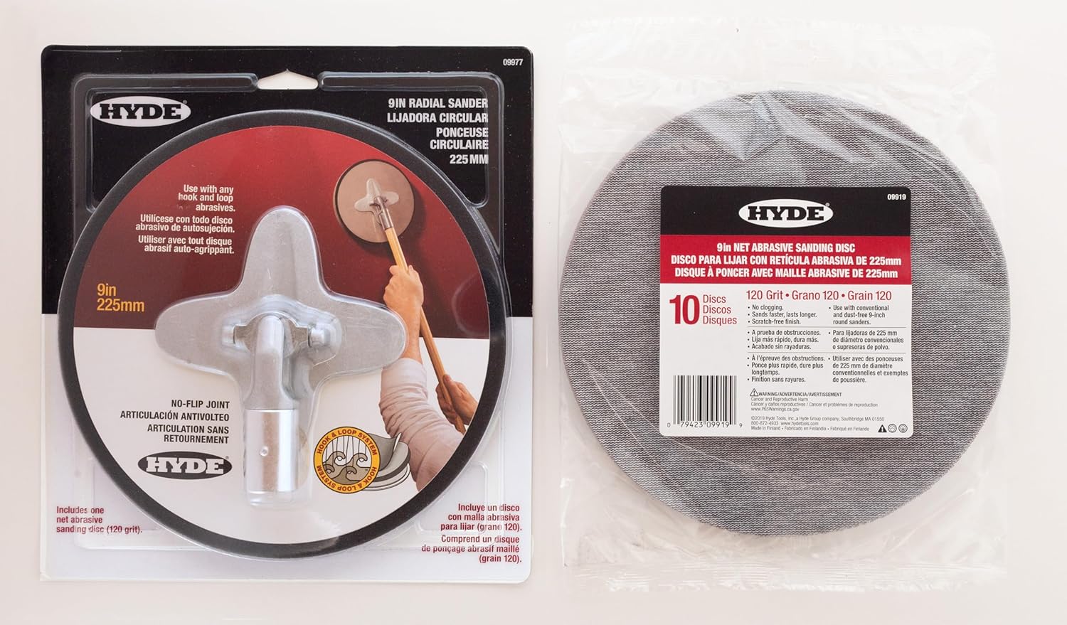 Hyde 9-Inch Radial Sander Kit with 10-Pack Sanding Discs, Sanding Net, 120 Grit - Large Area Pivoting Hinge, Drywall Sanders with Fast Change Hook and Loop, Lightweight