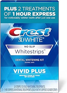 Crest 3DWhitestrips Vivid Plus Whitestrips 3D White, 10 Treatments + 1 Hour Express 2 Treatments Teeth Whitening Kit, 8 Levels Whiter, Crest Teeth Whitening Strips