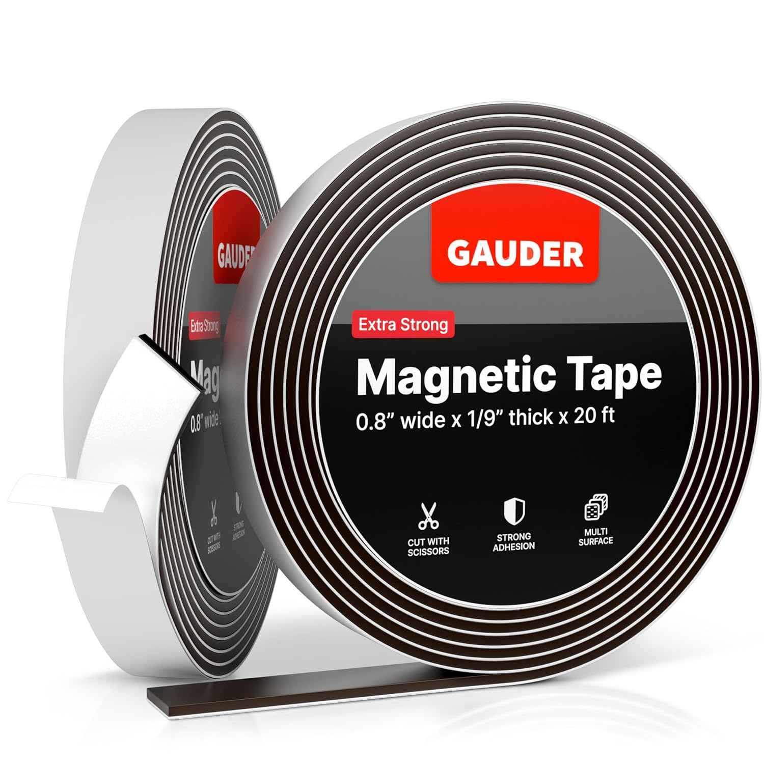 GAUDER Magnetic Tape Extra Strong | Magnetic Strips Extremely Self Adhesive (10' Long x 0.8" Wide x 1/9" Thick) | Magnet Roll