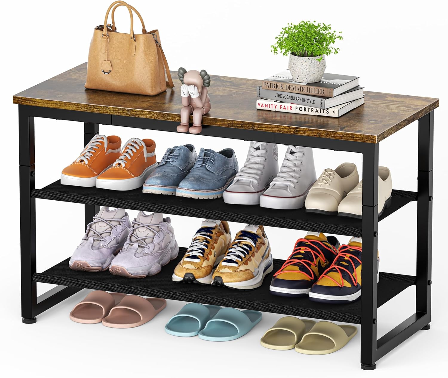 SIMPDIY Shoe Rack, 3 Tier Shoe Bench with Wooden Shelf, Shoe Storage Shoe Bench Storage with Seat for Entryway Living Room Hallway Bedroom, Load Capacity 150 kg, Rustic Brown