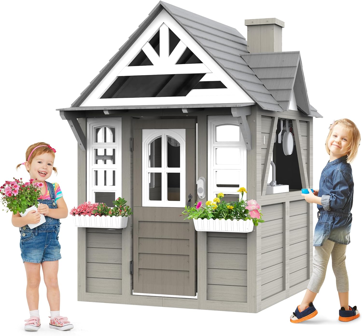 Outdoor Kids Playhouse, All Fir Gray Modern Wooden Playhouse, Indoor and Outdoor Cottage Play House with Sink, Stove, Cookware, Windows, Flowerpot Holders, Working Doorbell, for Kids Ages 3-8