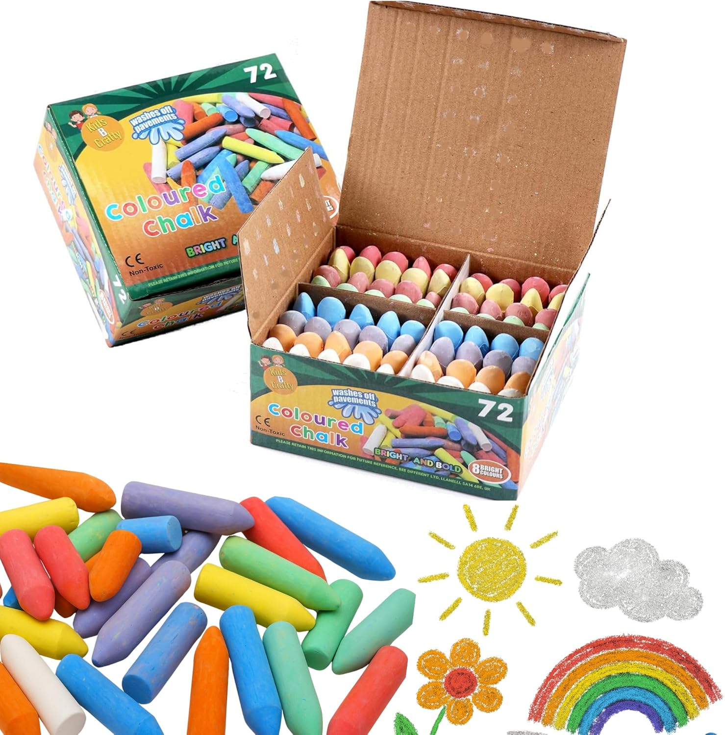 Chunky Chalk for Kids – 72 Washable Outdoor Pavement Chalks for Children | 8 Coloured Kids Chalks for Playground, Garden & Blackboard Art Fun