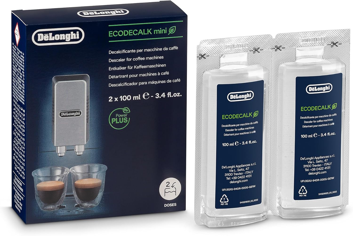 De'Longhi EcoDecalk Descaler, Eco-Friendly Universal Descaling Solution for Coffee & Espresso Machines, 2-Pack (1 use per pack)