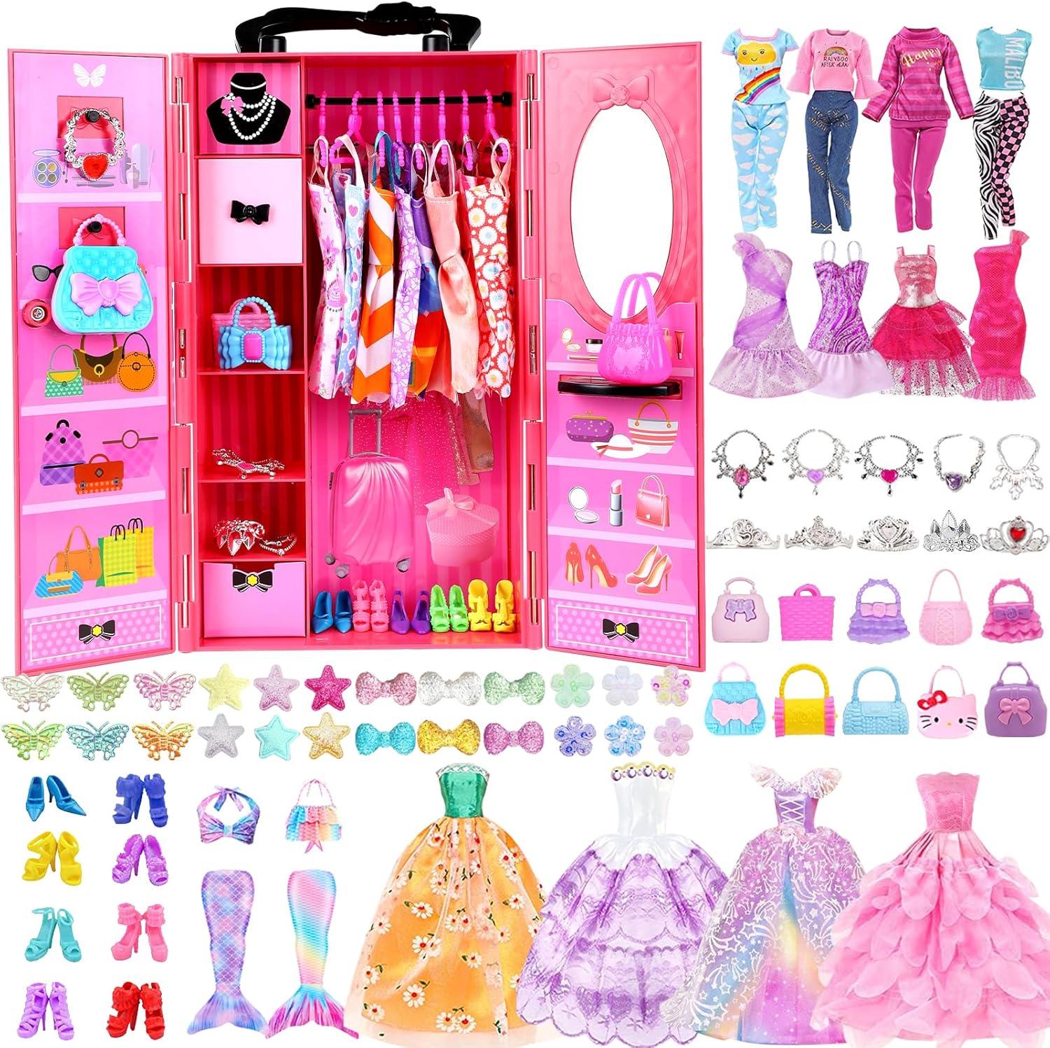 ZNTWEI 98 Pcs Doll Clothes and Accessories with Closet Wardrobe DIY Playset for 11.5 Inch Doll Including Wedding Dress Fashion Dress Casual wear Swimsuit Shoes Hangers Necklace Bags
