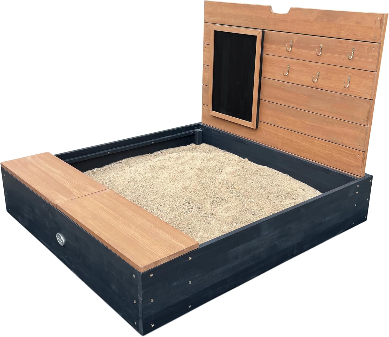 AXI Mandy Wooden Sandpit with Bench, Storage space, Lid & Chalkboard | Sandbox wood for Garden in anthracite & brown including ground cover | 3.4 x 3 ft