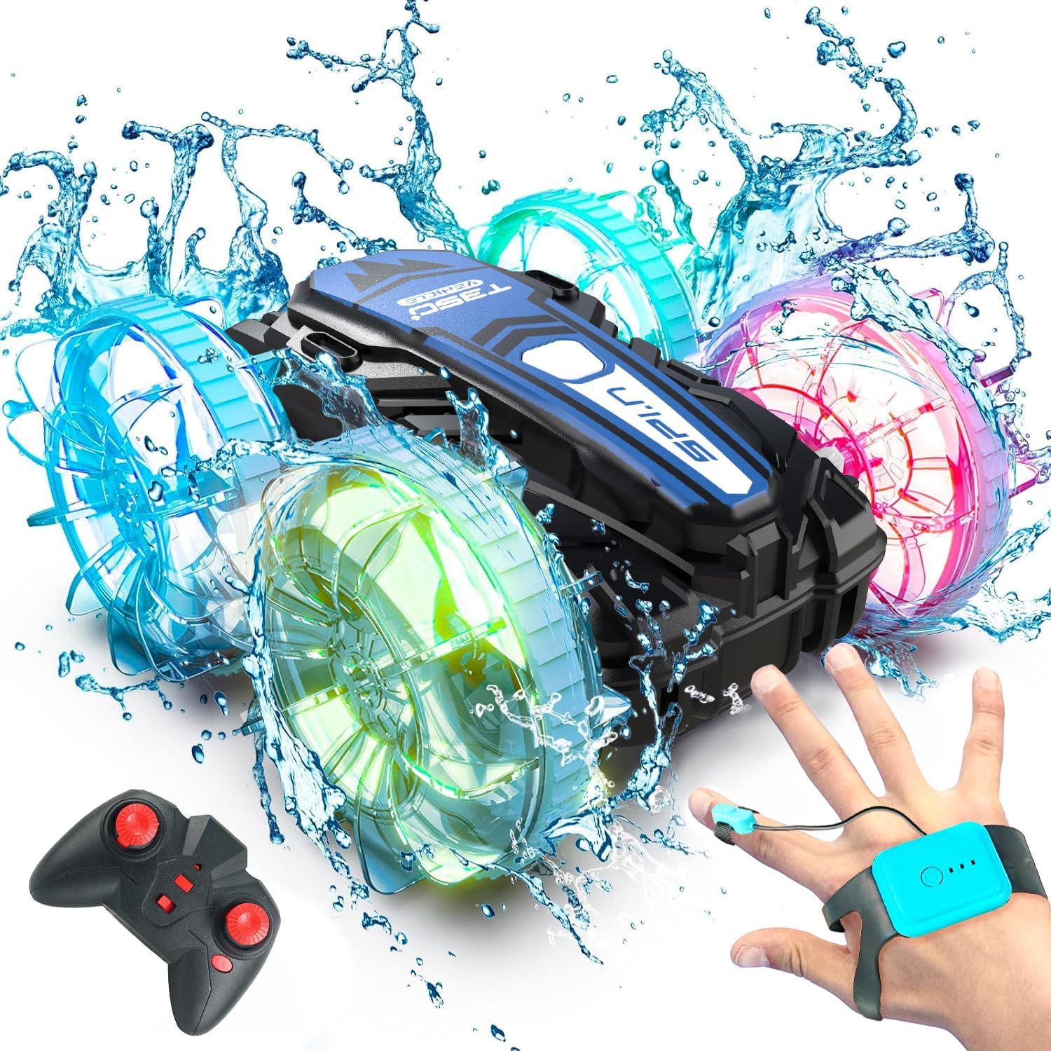 BEZGAR Amphibious Remote Control Car - Toys for 4-12 Year Old Boys with Gesture Sensing, LED Lights, Rechargeable Battery, 4WD All Terrain Waterproof RC Cars, Birthday Gifts for Kids